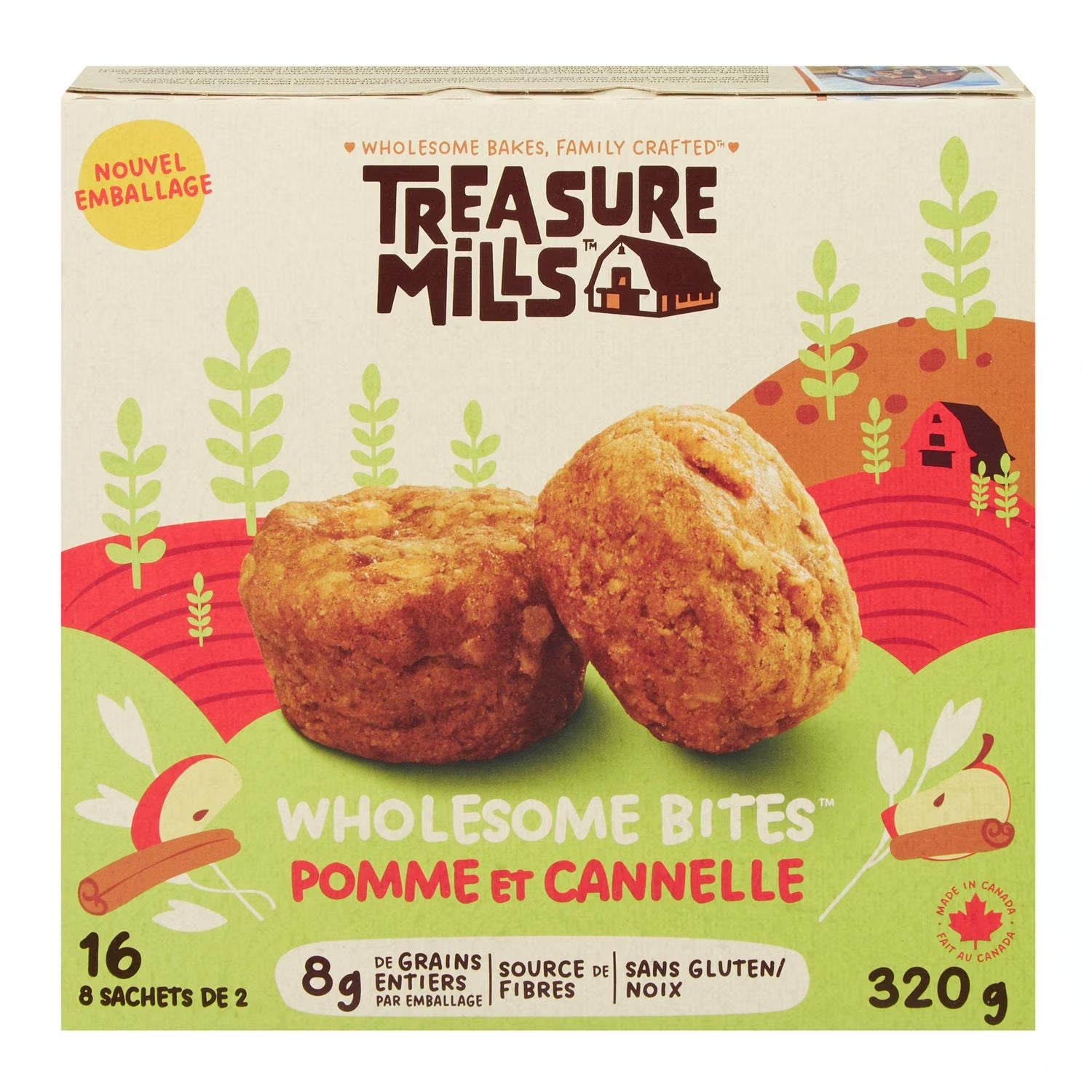 Box of Treasure Mills Wholesome Bites with two muffins on a colorful background