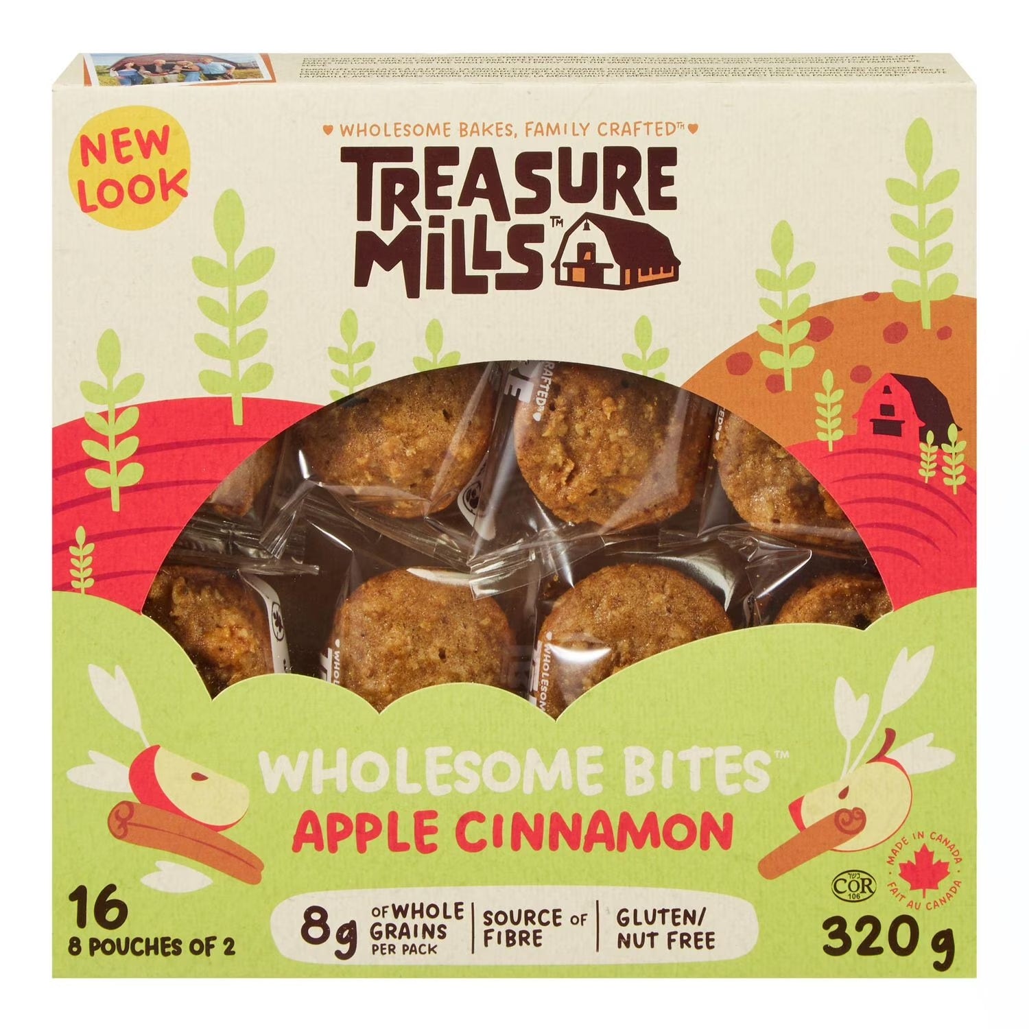 Box of Treasure Mills Apple Cinnamon wholesome bites 16ct with packaging details.