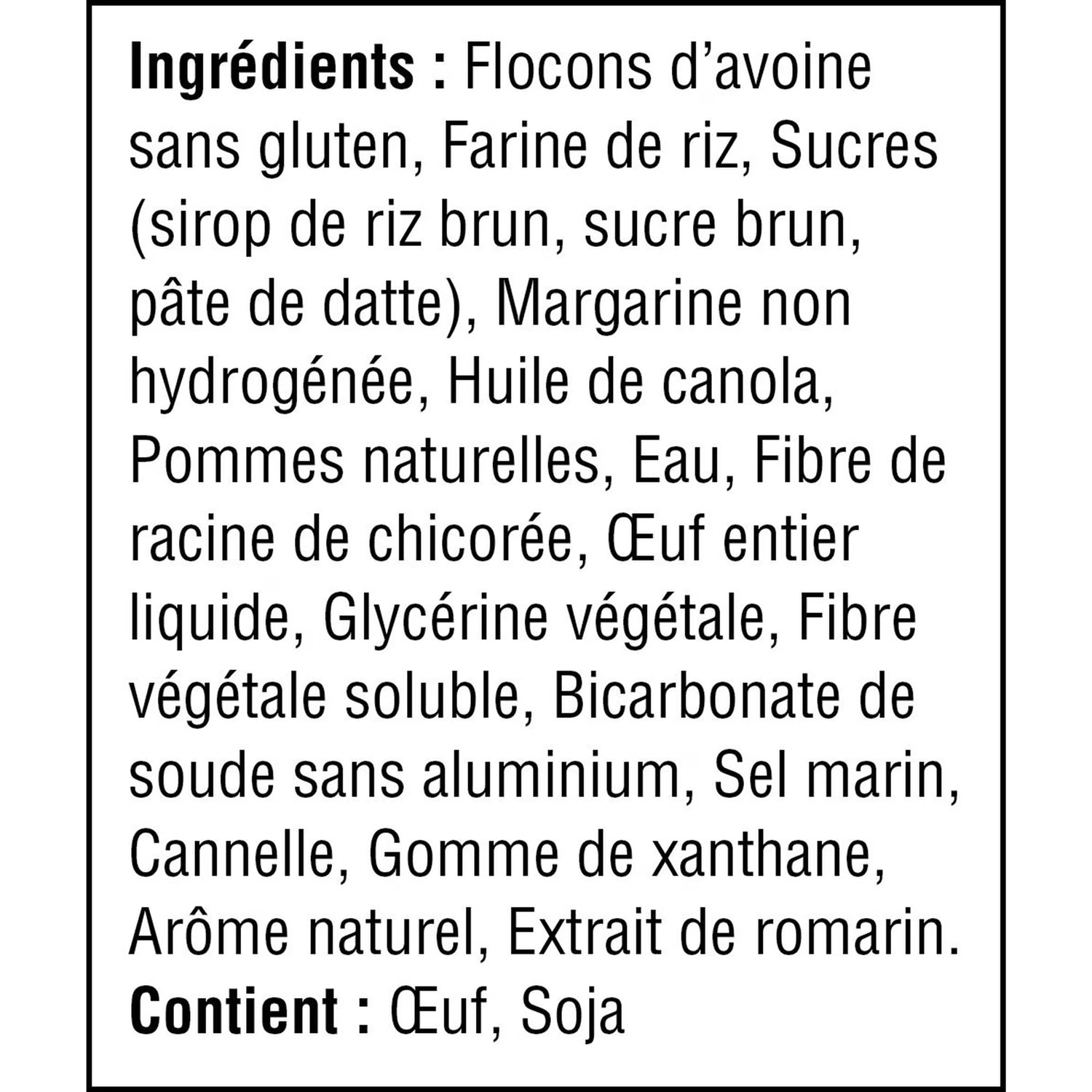 List of ingredients in French for Treasure Mills Apple Cinnamon Wholesome Bites 16ct with a black background