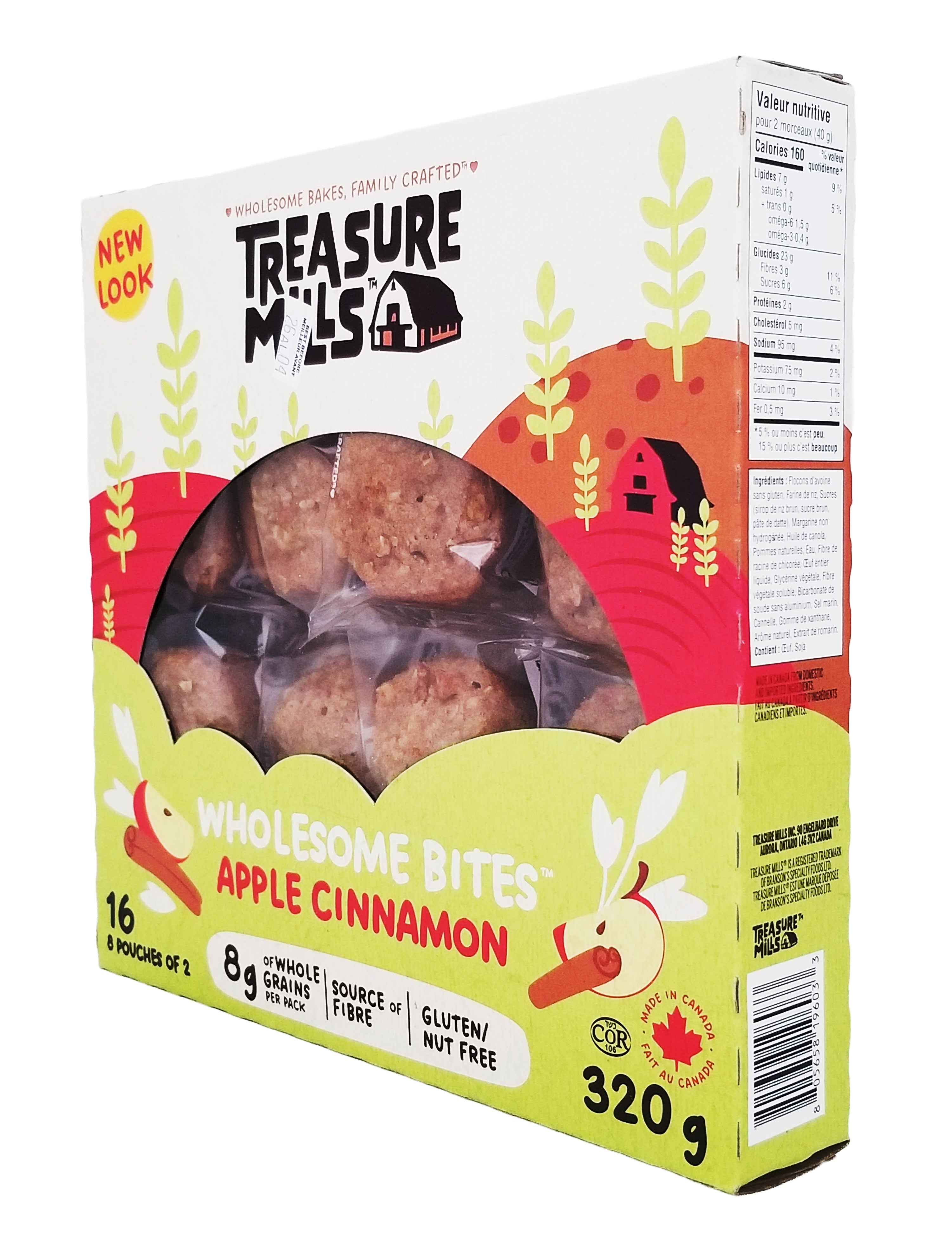 Box of Treasure Mills Wholesome Bites Apple Cinnamon flavor on a white background