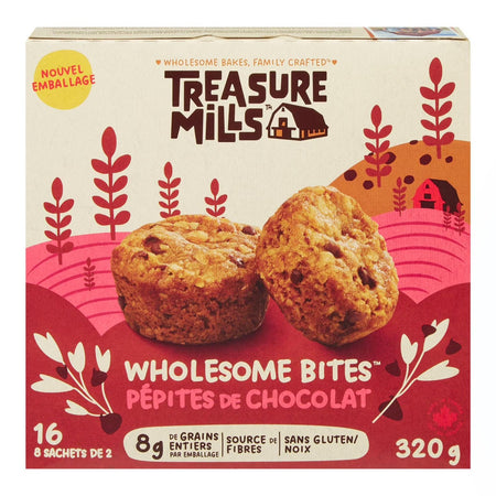 Box of Treasure Mills Wholesome Bites with chocolate chips 16ct on a pink background