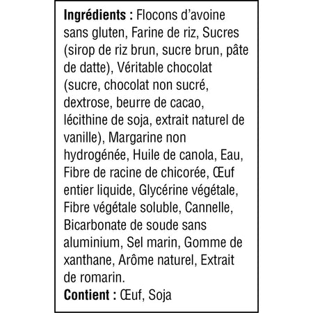 List of ingredients in French for Treasure Mills Chocolate Chip Wholesome Bites 16ct on a white background