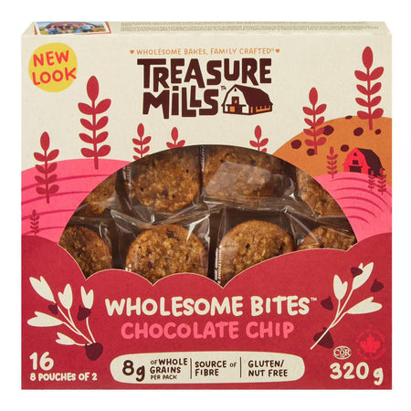 Box of Treasure Mills Wholesome Bites Chocolate Chip cookies with a scenic design on the packaging.