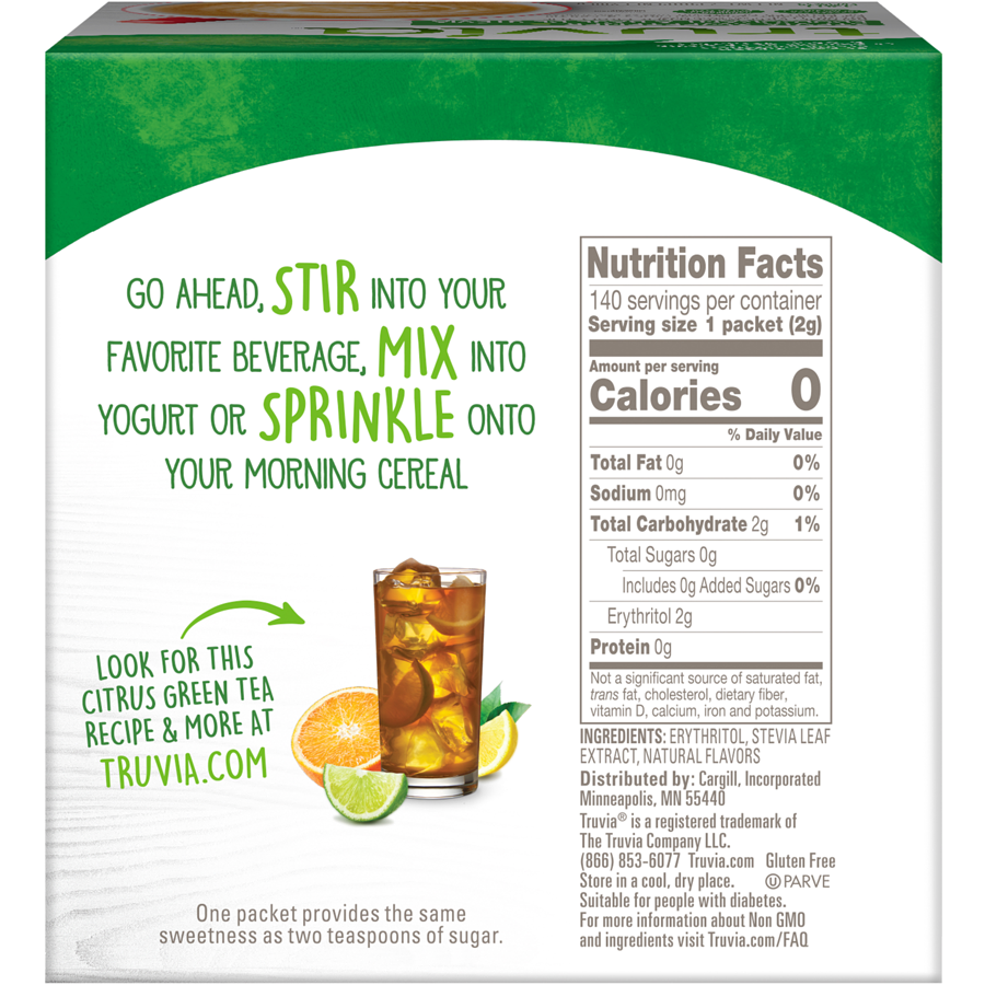 Truvia Calorie-Free Stevia Sweetener Packets, 140ct, 280g/9.8 oz,. Box Back Side