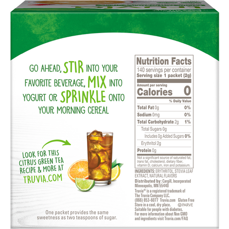Truvia Calorie-Free Stevia Sweetener Packets, 140ct, 280g/9.8 oz,. Box Back Side