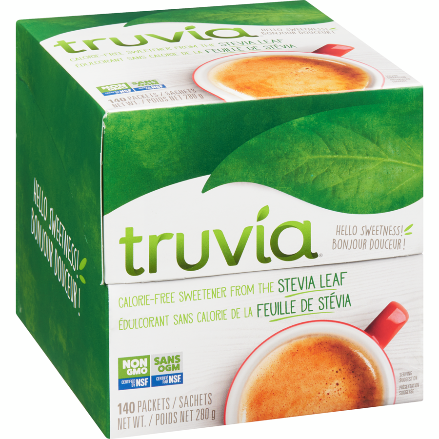 Truvia Calorie-Free Stevia Sweetener Packets, 140ct, 280g/9.8 oz,. Box Left Angle