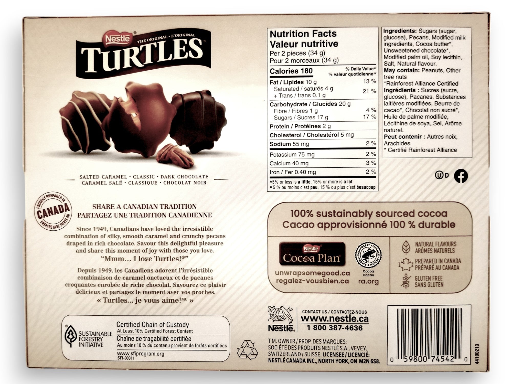 Back of Nestle The Original Turtles Assortment, 245g/8.6 oz., Box