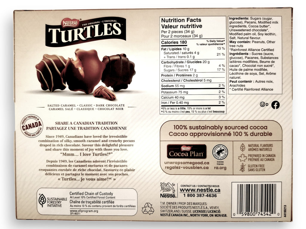 Back of Nestle The Original Turtles Assortment, 245g/8.6 oz., Box