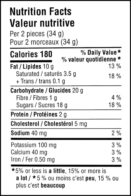 Nutrition facts label of Nestle the Original Classic Turtles, 100g/5.5 oz. Box