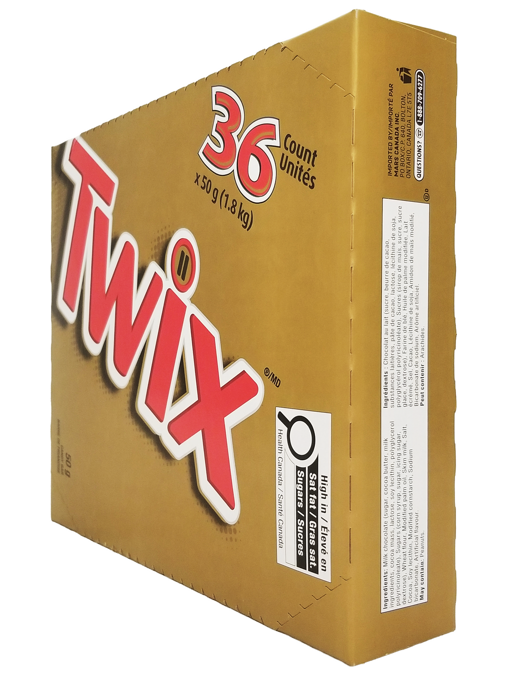 Side of Twix Caramel Cookie Chocolate Bars, Full Size Bars, 36 Pack on a white background