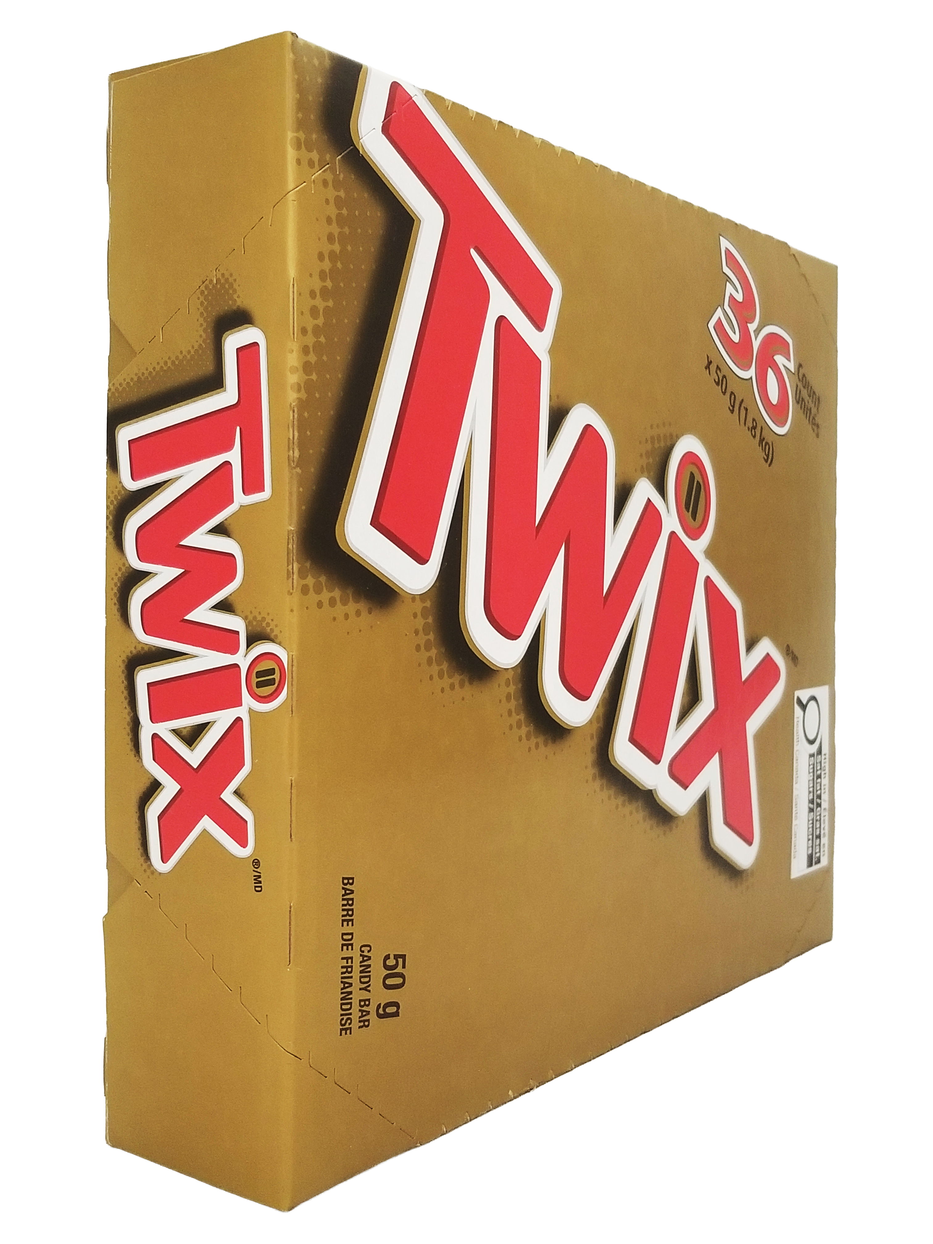 Box of Twix bars with red and white branding on a gold background