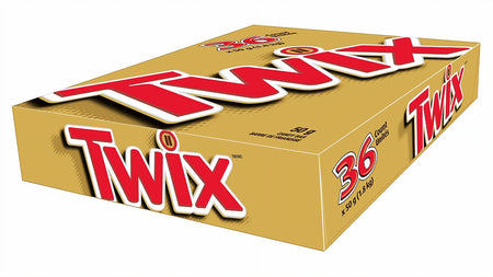 Box of Twix candy bars with red and white text on a gold background