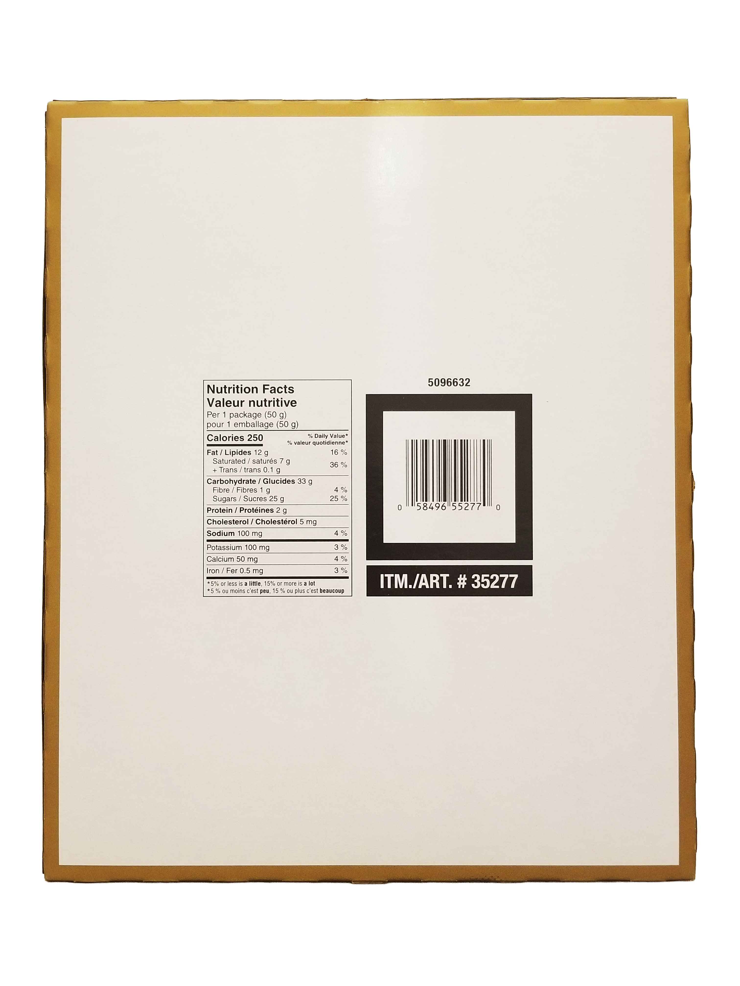 Nutrition facts label and barcode for Twix Caramel Cookie Chocolate Bars on a white background with a gold border