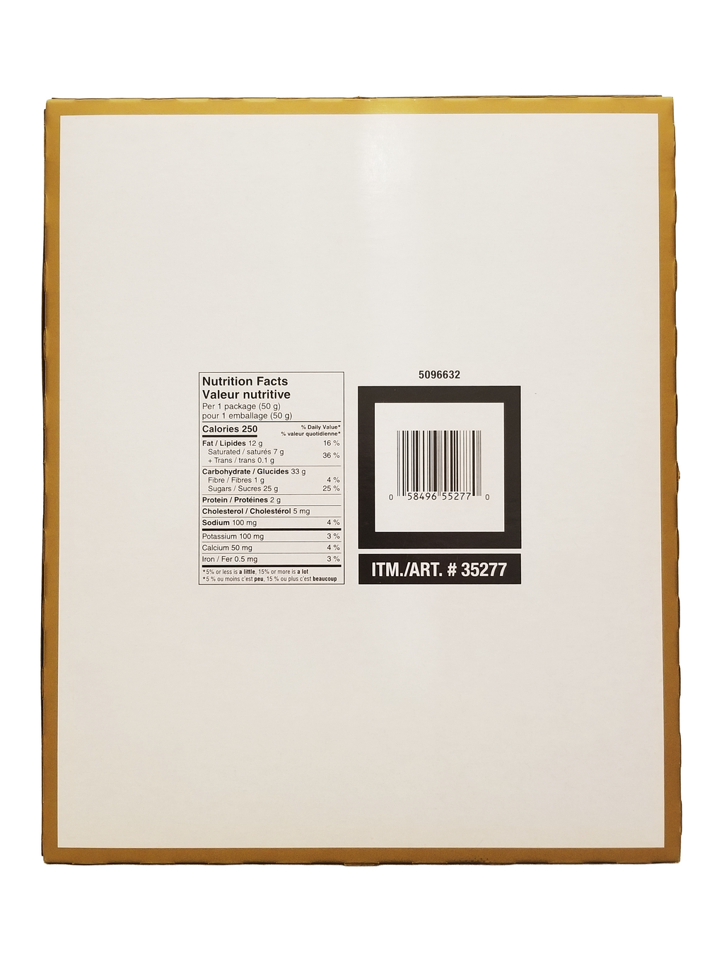 Nutrition facts label and barcode for Twix Caramel Cookie Chocolate Bars on a white background with a gold border