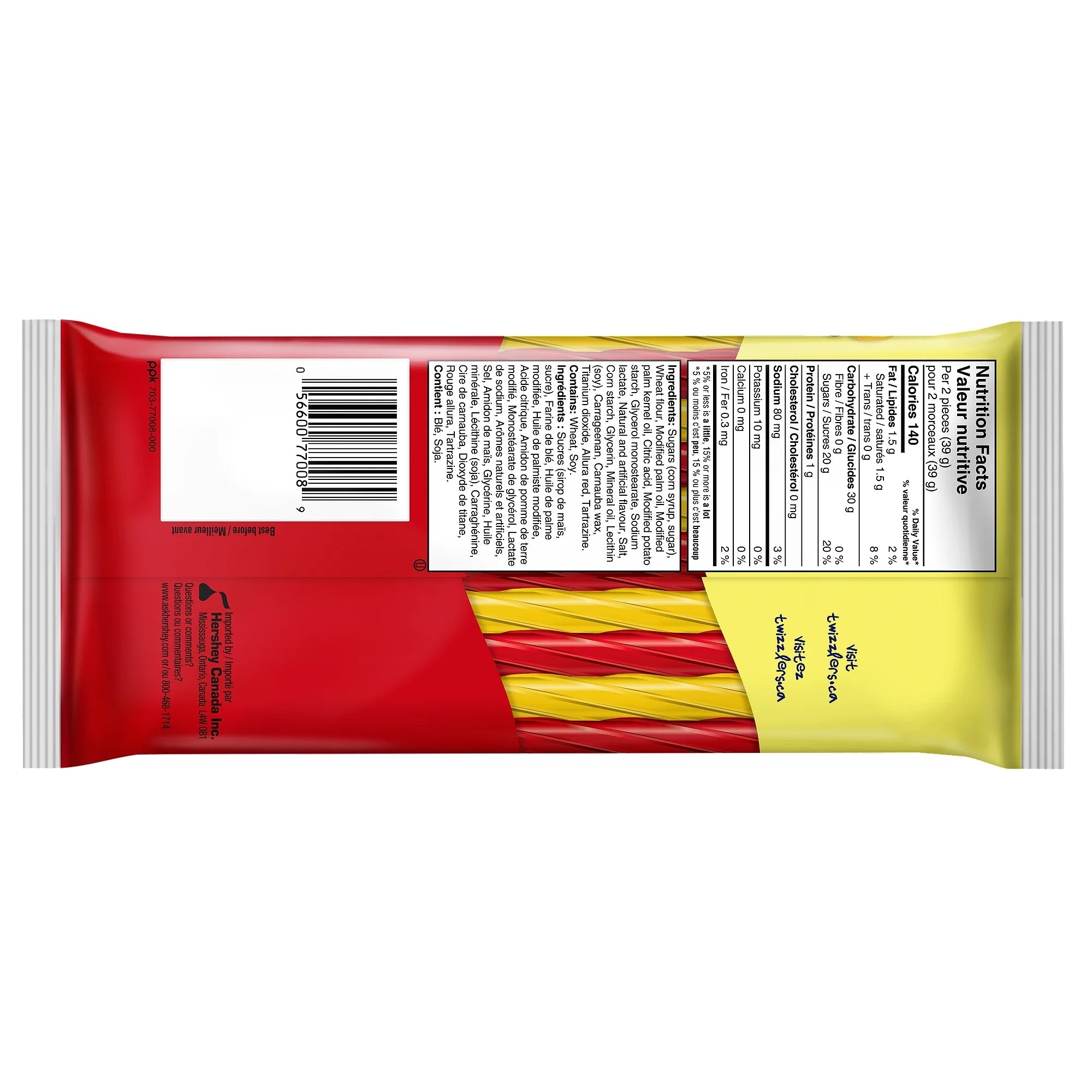 Back view of a Twizzlers Sweet & Sour Cherry Kick & Citrus Punch Filled Twists 311g package with nutritional information on a white background