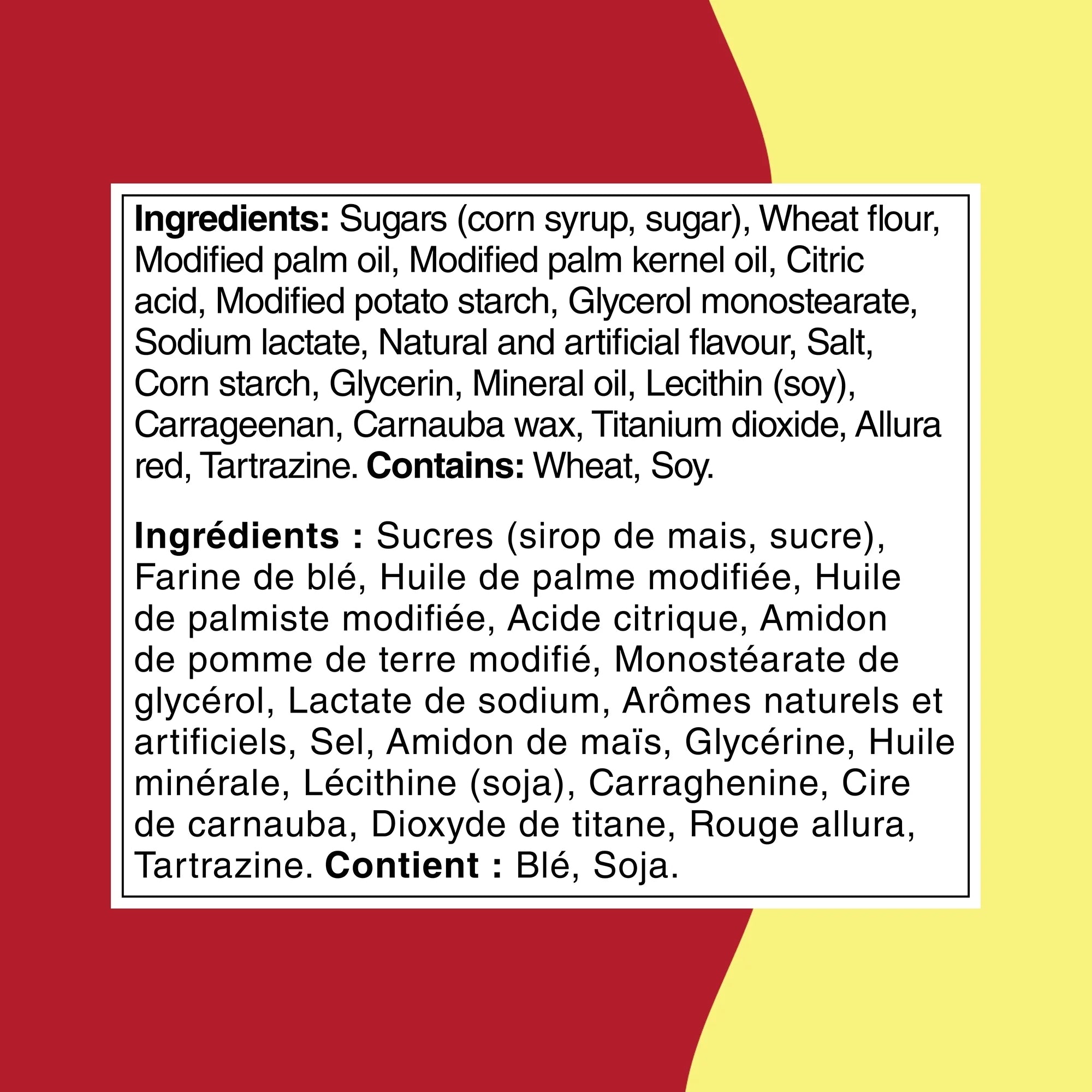 Ingredients list for a Twizzlers Sweet & Sour Cherry Kick & Citrus Punch Filled Twists 311g package on a red and yellow background