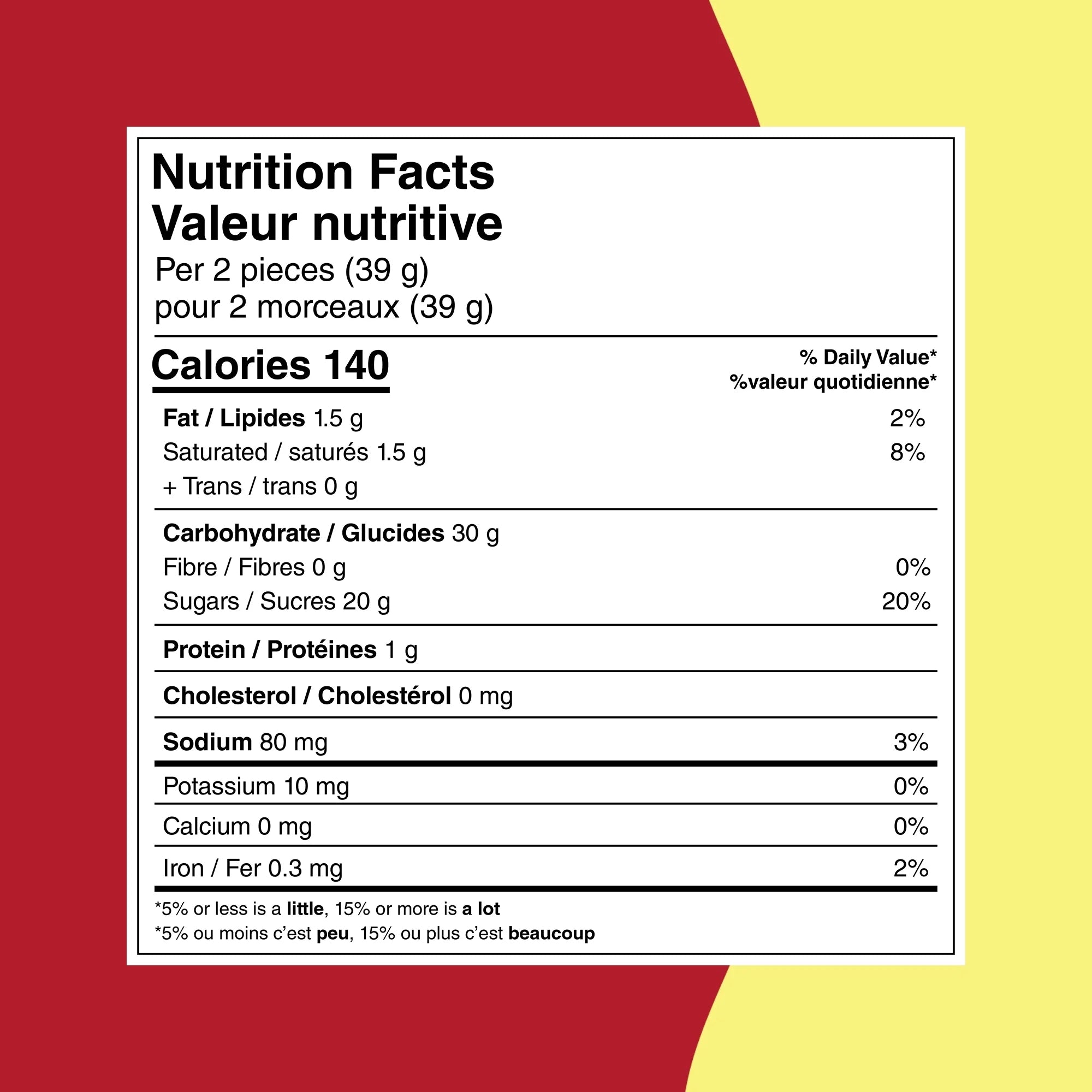 Nutrition facts label for 2 pieces (39g) of Twizzlers Sweet & Sour Cherry Kick & Citrus Punch Filled Twists on a red and yellow background