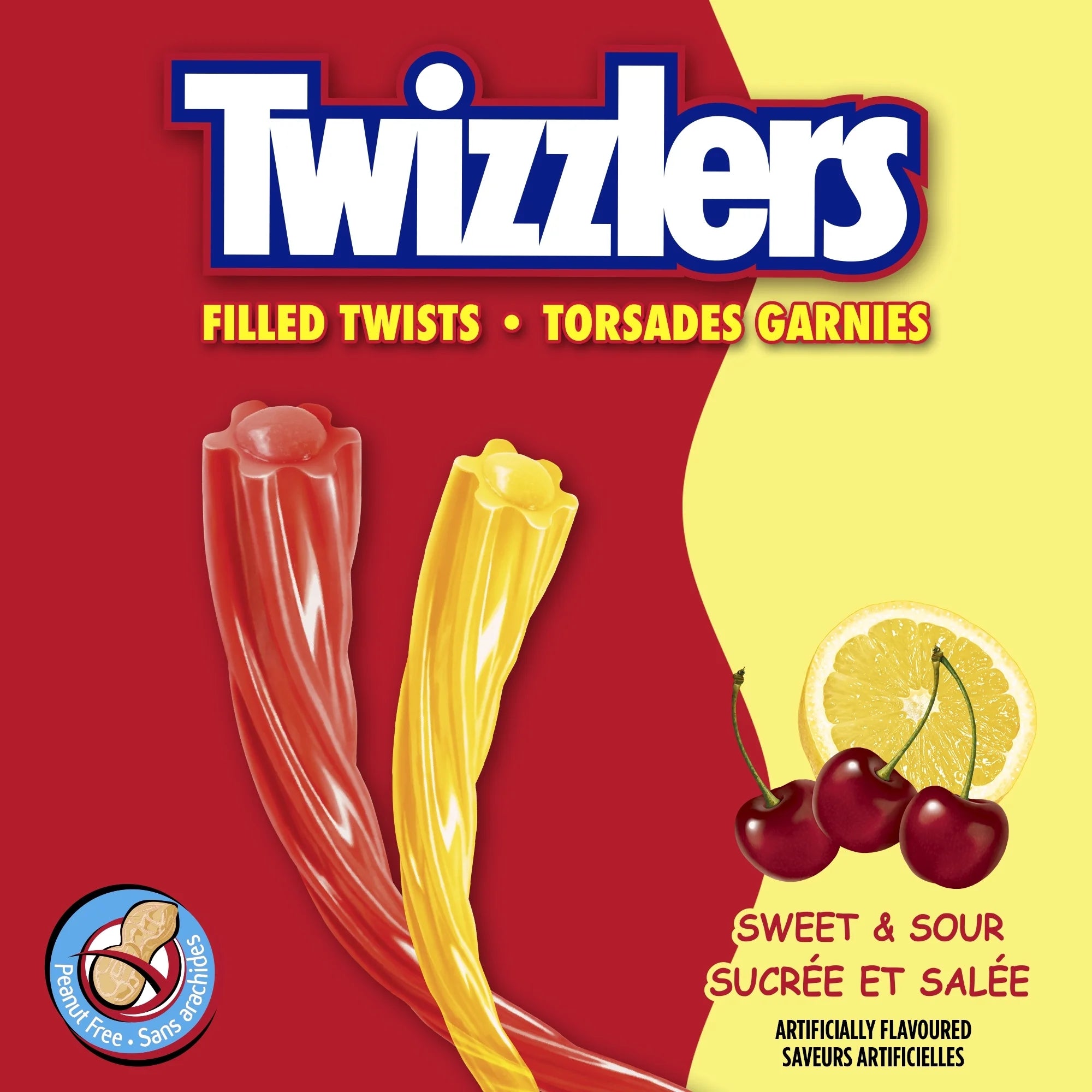 Twizzlers candy package with red and yellow background