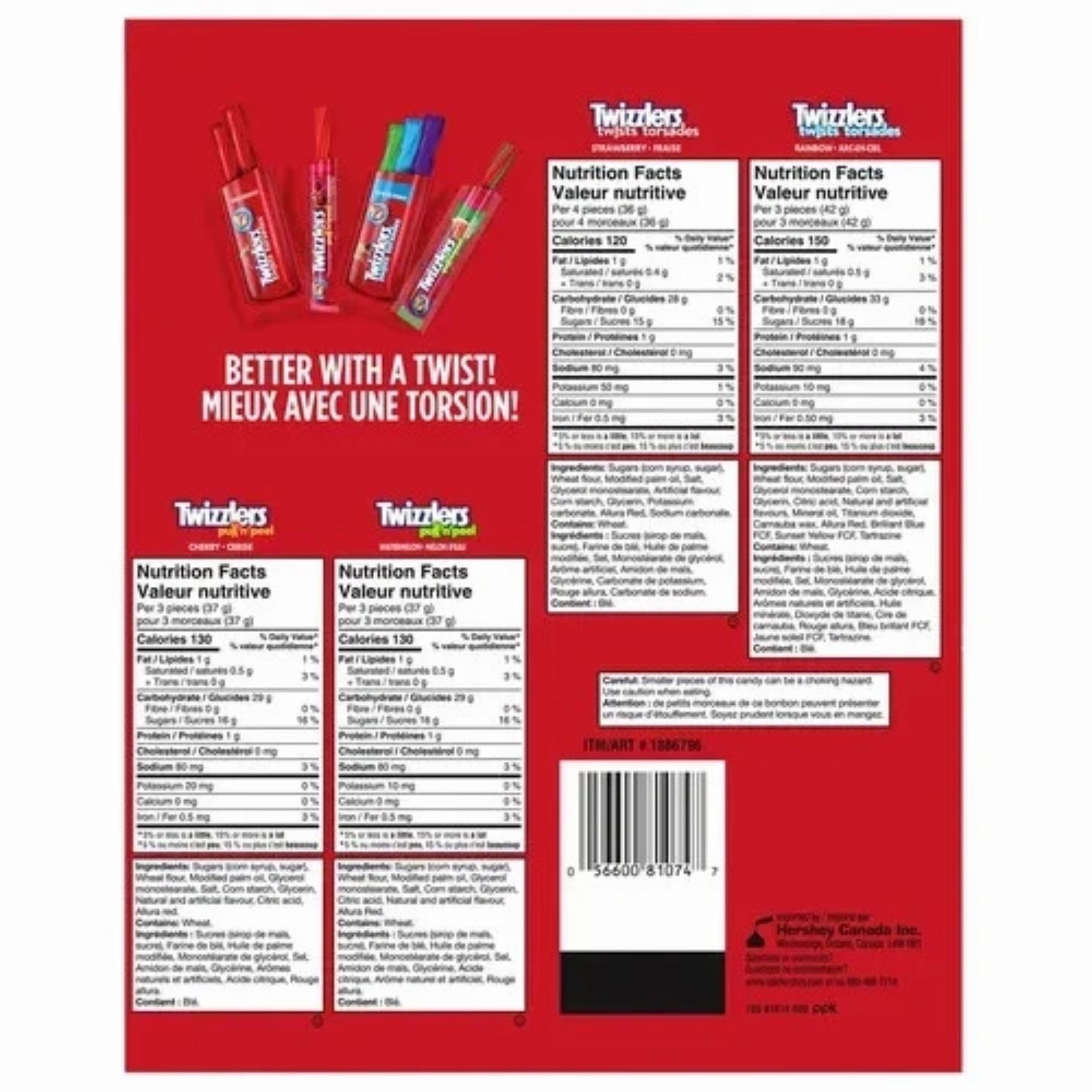 Back of the Twizzlers Assorted Candy Variety Pack with nutrition facts, ingredients, and UPC barcode.