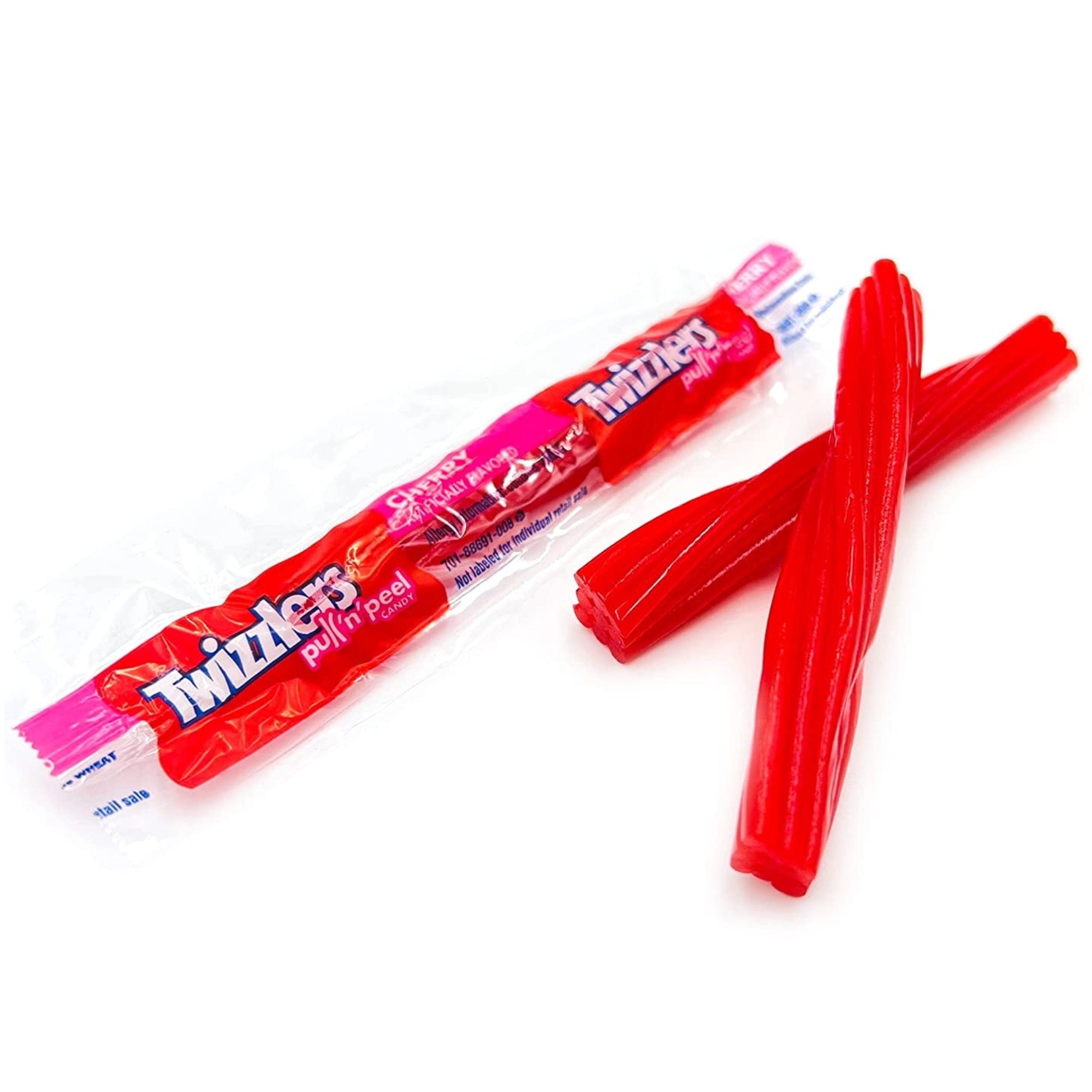 Red Twizzlers cherry Pull ’n’ Peel candy with its individual wrapper on a white background.