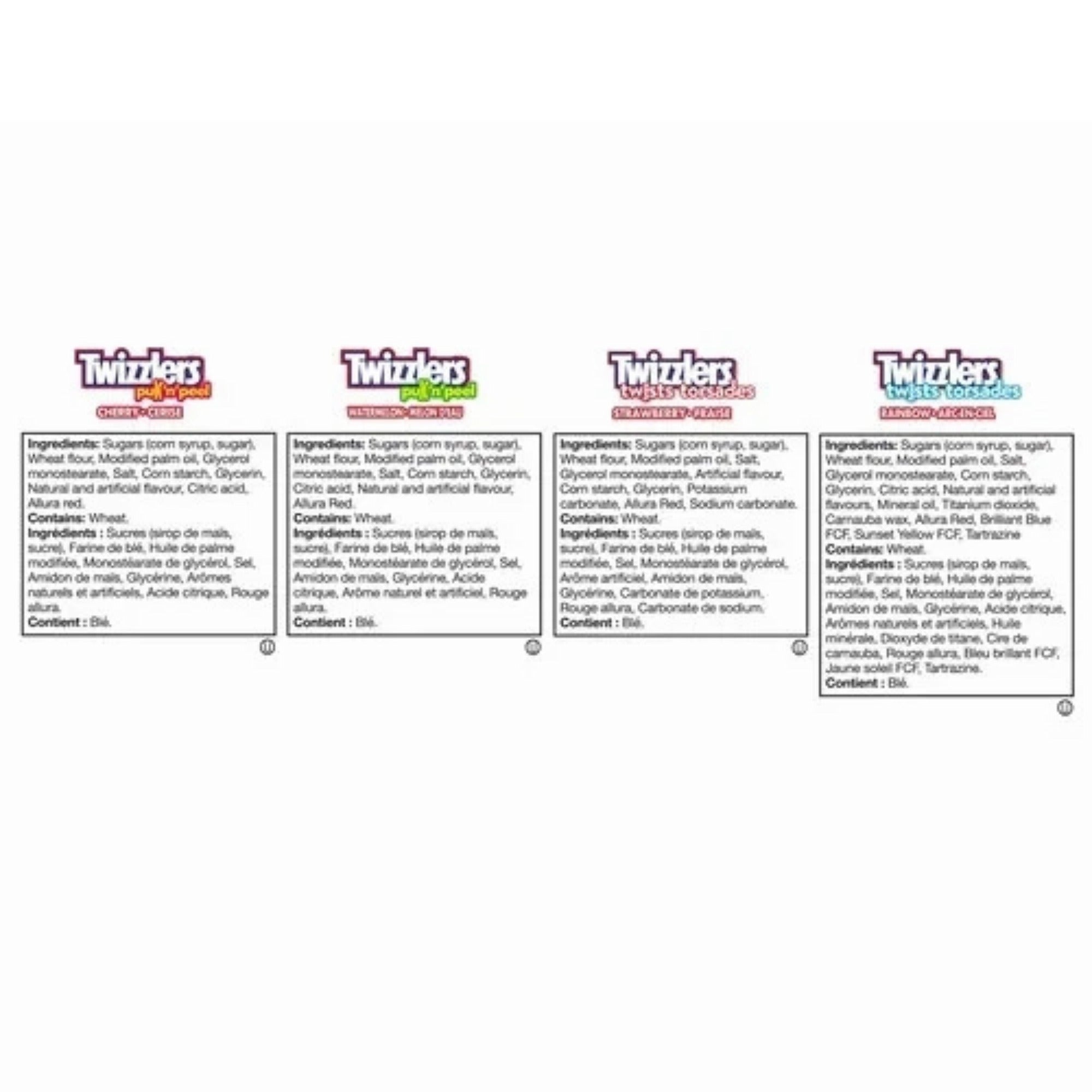 Bilingual ingredient lists for all four Twizzlers candy varieties, each declaring wheat.