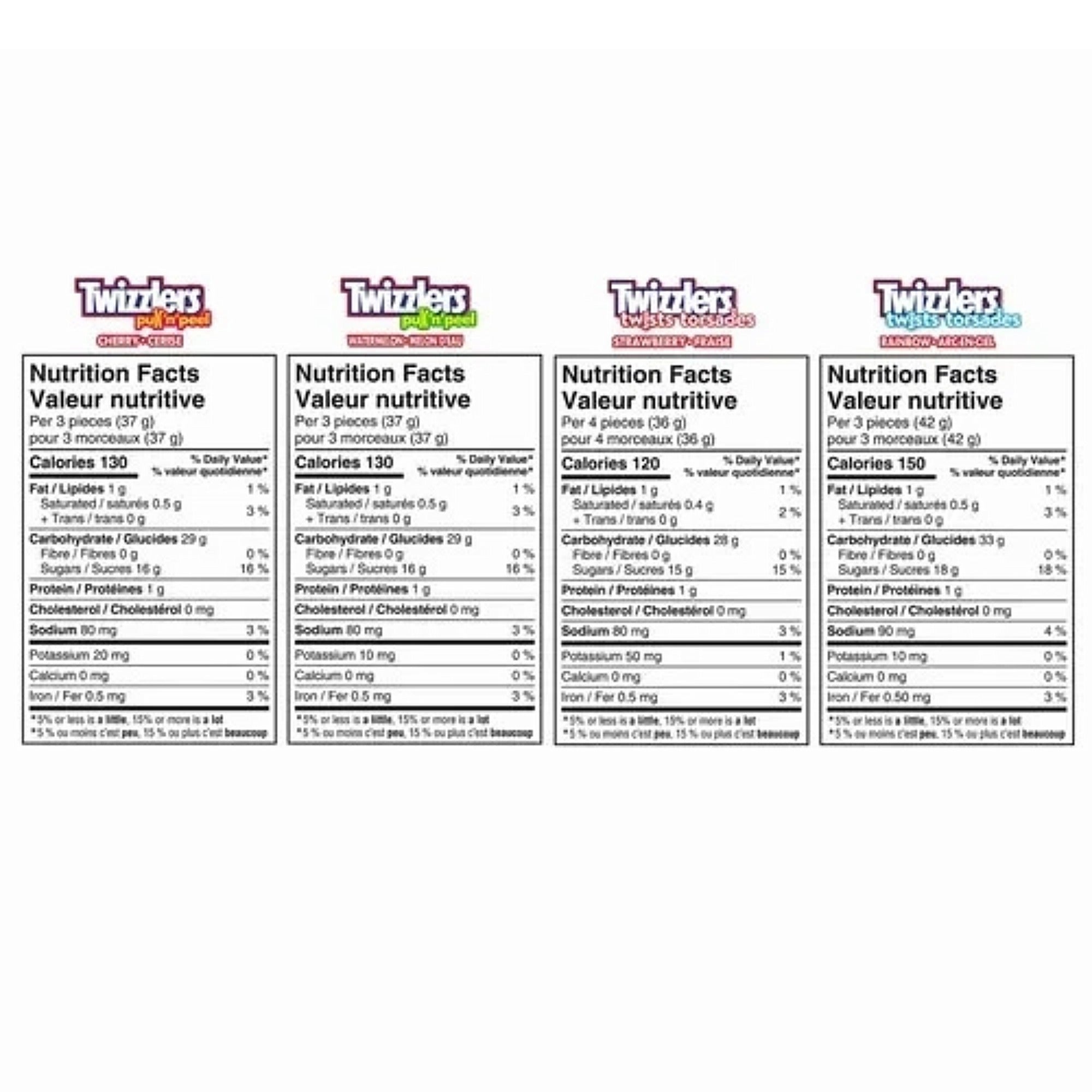 Bilingual nutrition facts for Twizzlers cherry and watermelon Pull ’n’ Peel, strawberry Twists, and rainbow Twists.