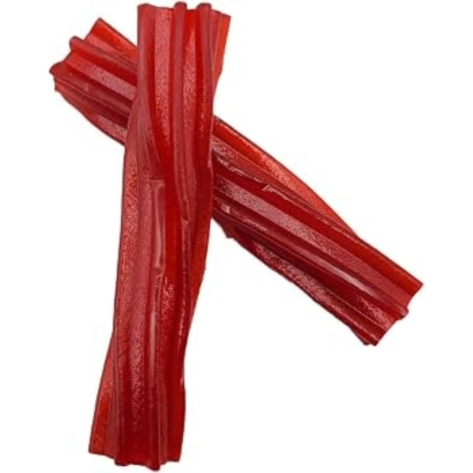 Two red Twizzlers strawberry Twists crossed on a white background.