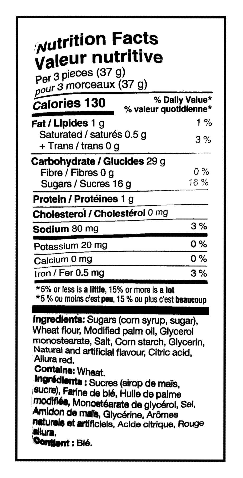 Twizzlers Assorted Gummy Mix, Variety Pack, 1.3kg/2.9 lbs. - Watermelon Nutrition Facts & Ingredients Label