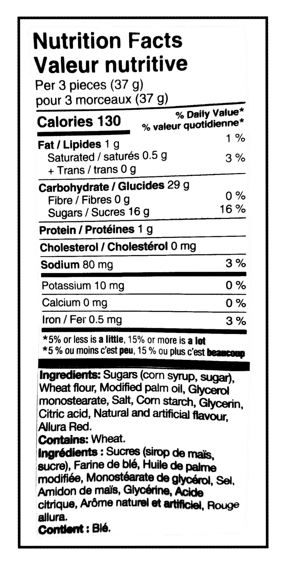 Twizzlers Assorted Gummy Mix, Variety Pack, 1.3kg/2.9 lbs. - Cherry Nutrition Facts & Ingredients Label