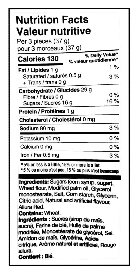 Twizzlers Assorted Gummy Mix, Variety Pack, 1.3kg/2.9 lbs. - Cherry Nutrition Facts & Ingredients Label