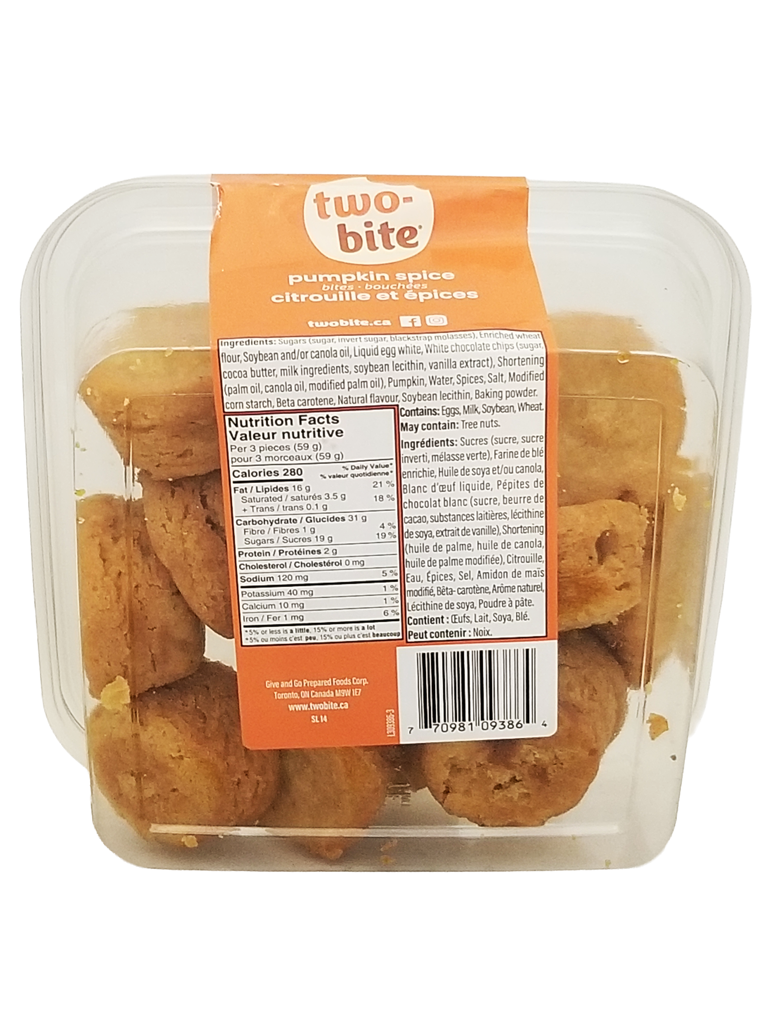 Package of Two-Bite Pumpkin Spice Bites with an orange label on a white background