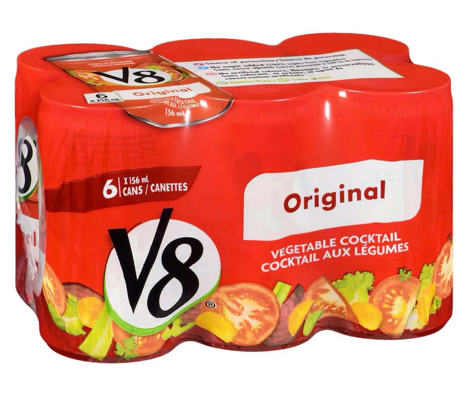 V8 vegetable cocktail packaging with red label and colorful vegetables illustration
