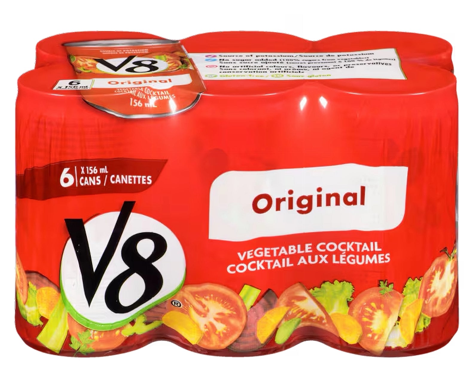 V8 Original vegetable cocktail can pack with red label and V8 logo.