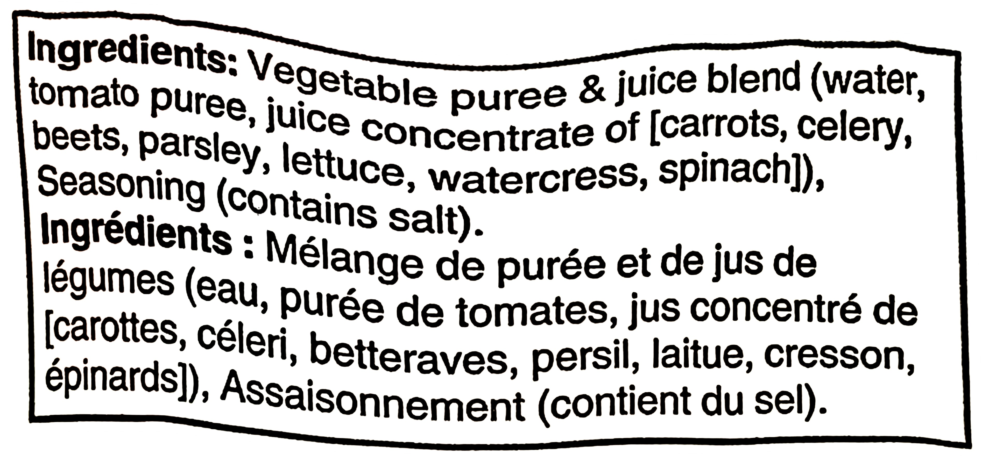 Ingredients label for V8 Original Vegetable Cocktail Juice with detailed list of ingredients.