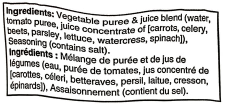 Ingredients label for V8 Original Vegetable Cocktail Juice with detailed list of ingredients.