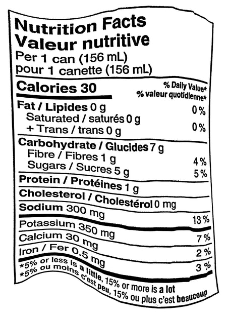 Nutrition facts label for V8 Original Vegetable Cocktail Juice, showing calories, fat content, carbohydrates, and other nutritional information.