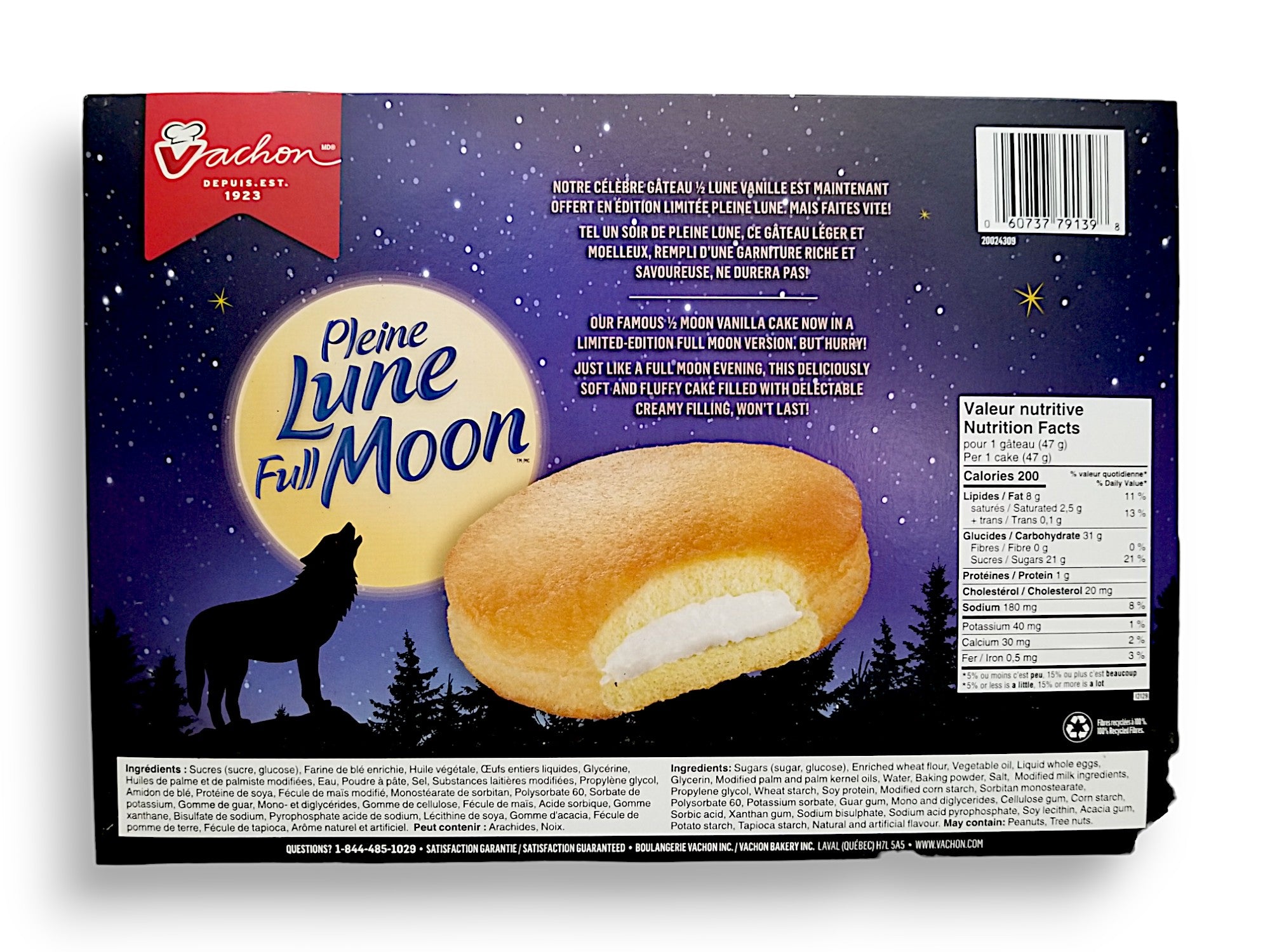 VACHON Full Moon, Fluffy Vanilla Cakes, 6 cakes, 282g/9.9oz., back of box.