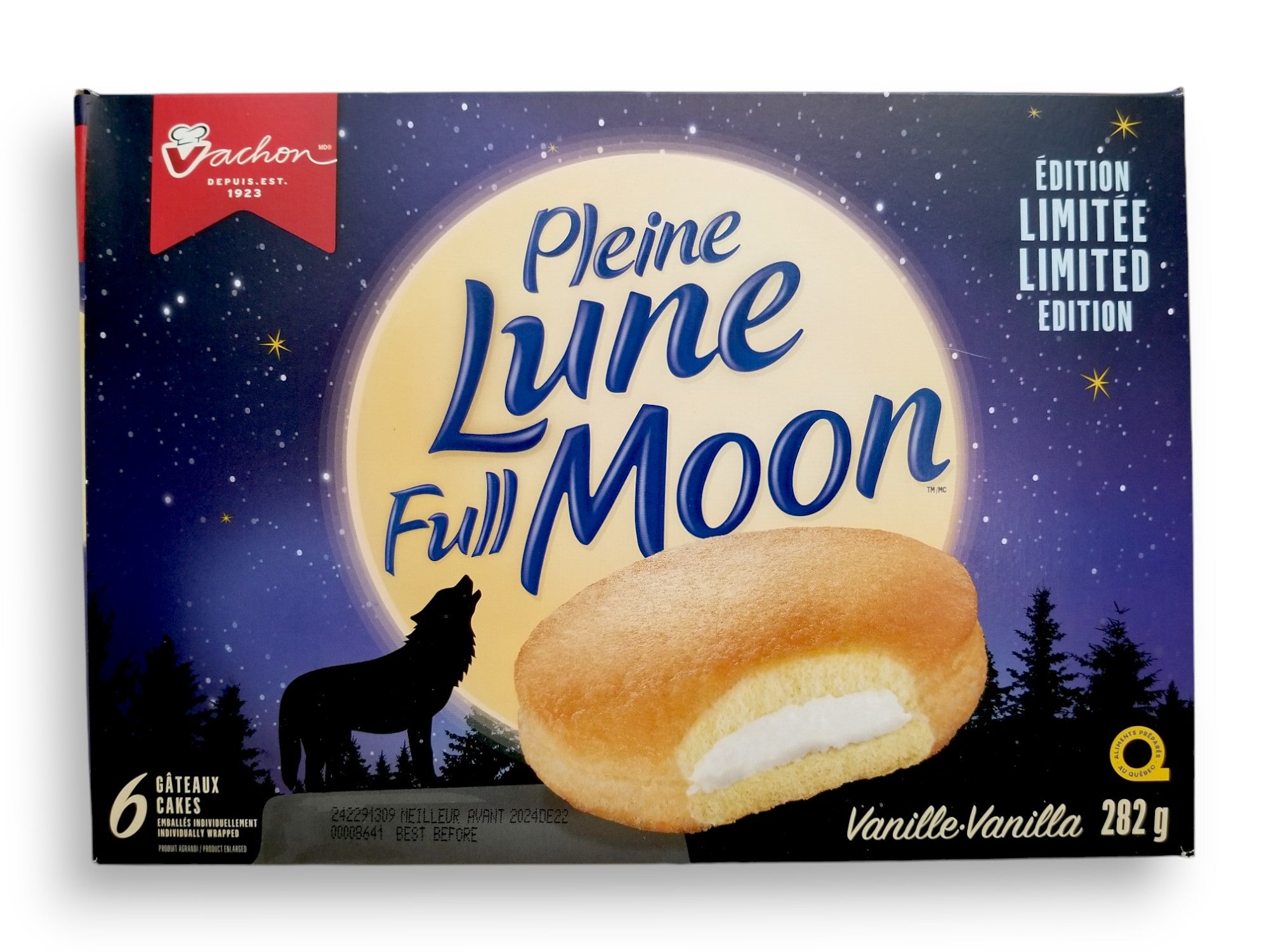 VACHON Full Moon, Fluffy Vanilla Cakes, 6 cakes, 282g/9.9oz., front of box.