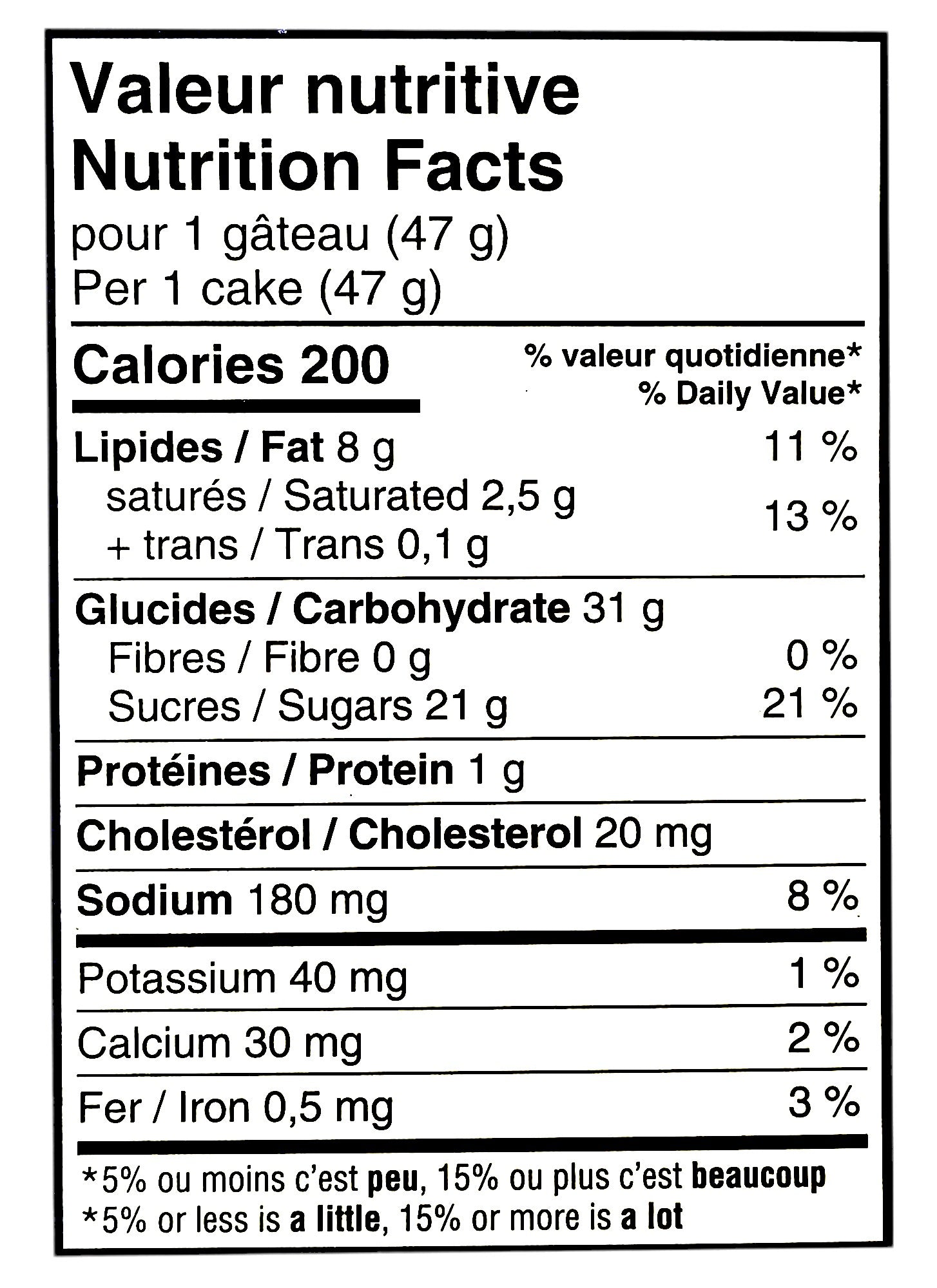 VACHON Full Moon, Fluffy Vanilla Cakes, 6 cakes, 282g/9.9oz., Box, nutrition facts label.