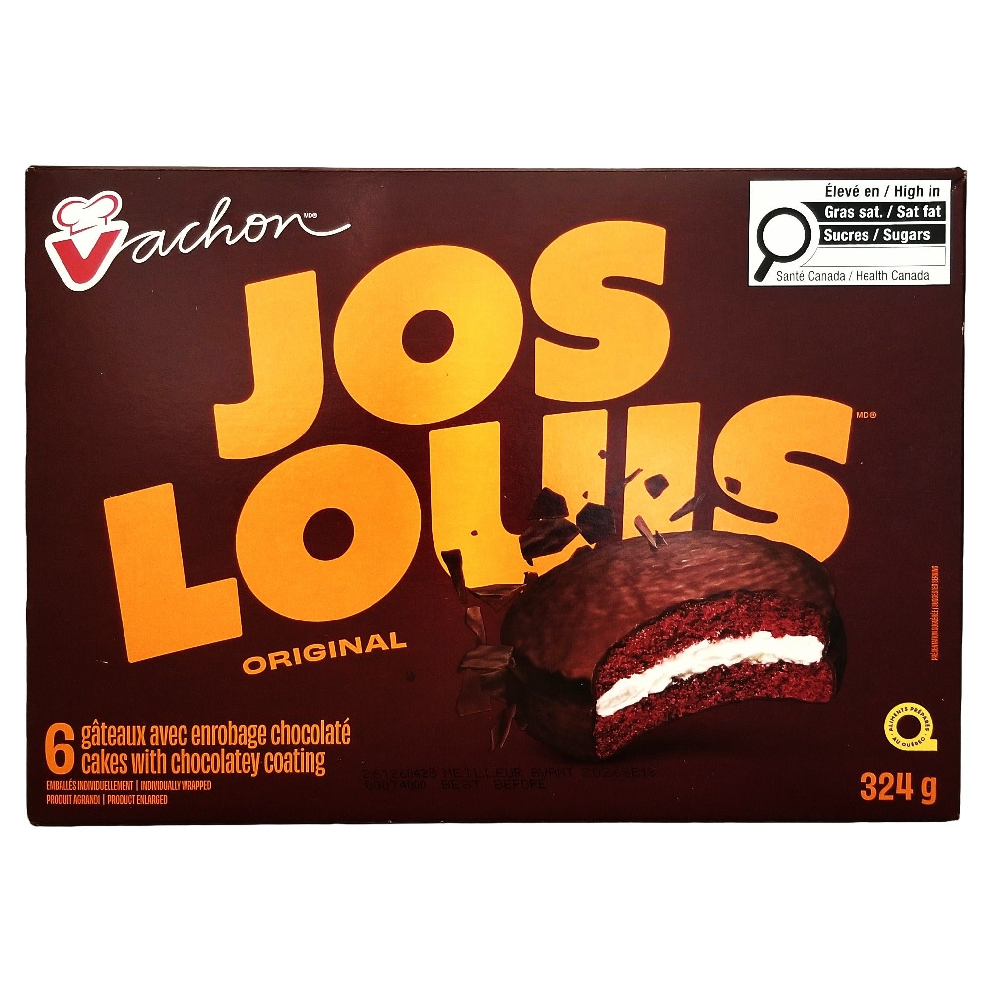 Vachon Jos Louis Original Sponge Cake, Vanilla Crème & Chocolate Coating, 6-Pack, 324g (11.4 oz)
