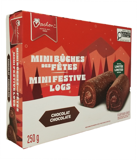 Box of Vachon chocolate festive logs - 250g with a red and white design