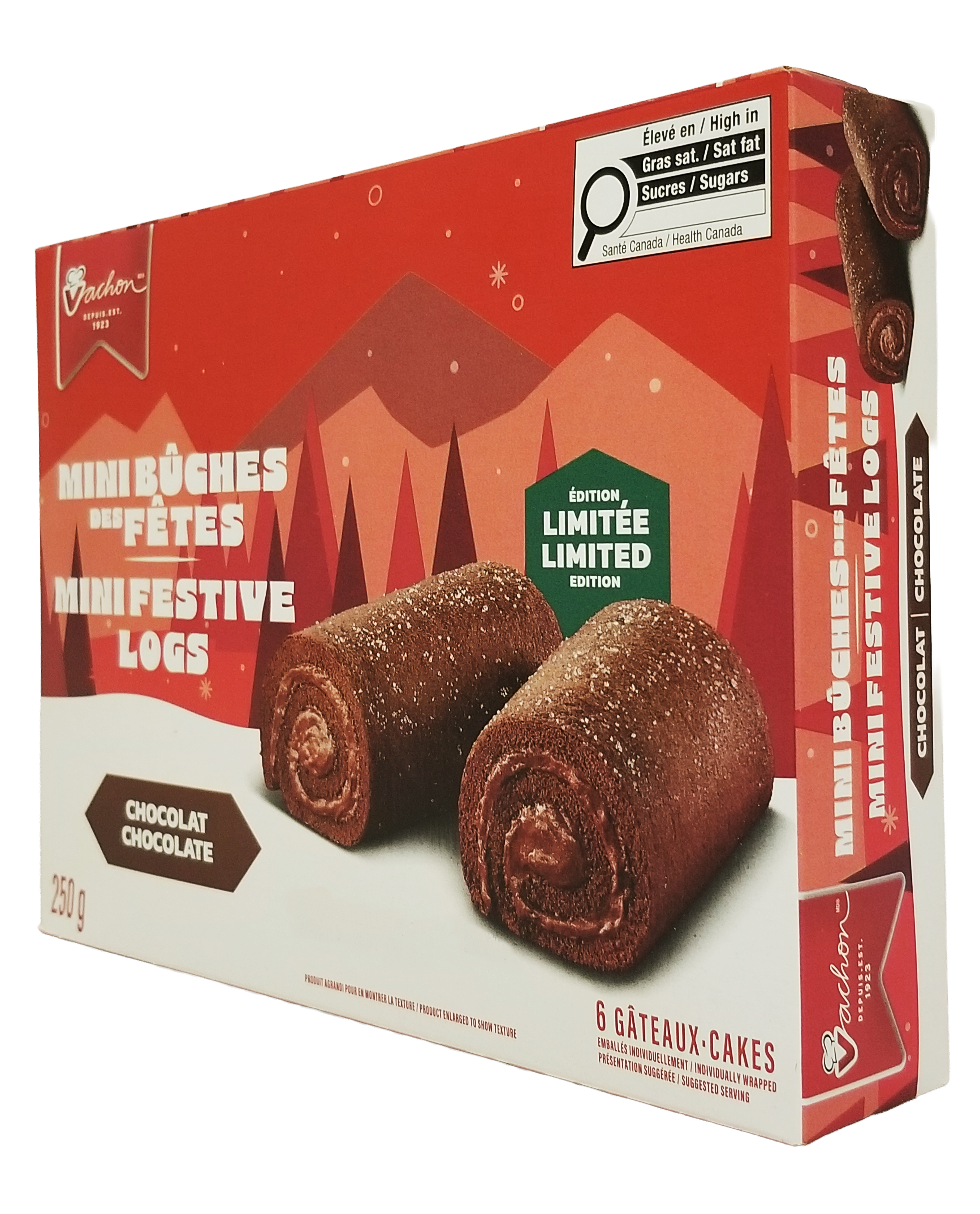 Box of Vachon chocolate logs - 250g with festive design and limited edition label.