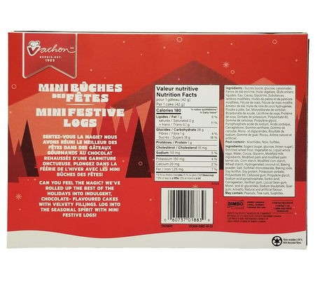 Back of a packaging for Vachon festive logs - 250g with nutritional information and ingredients listed.