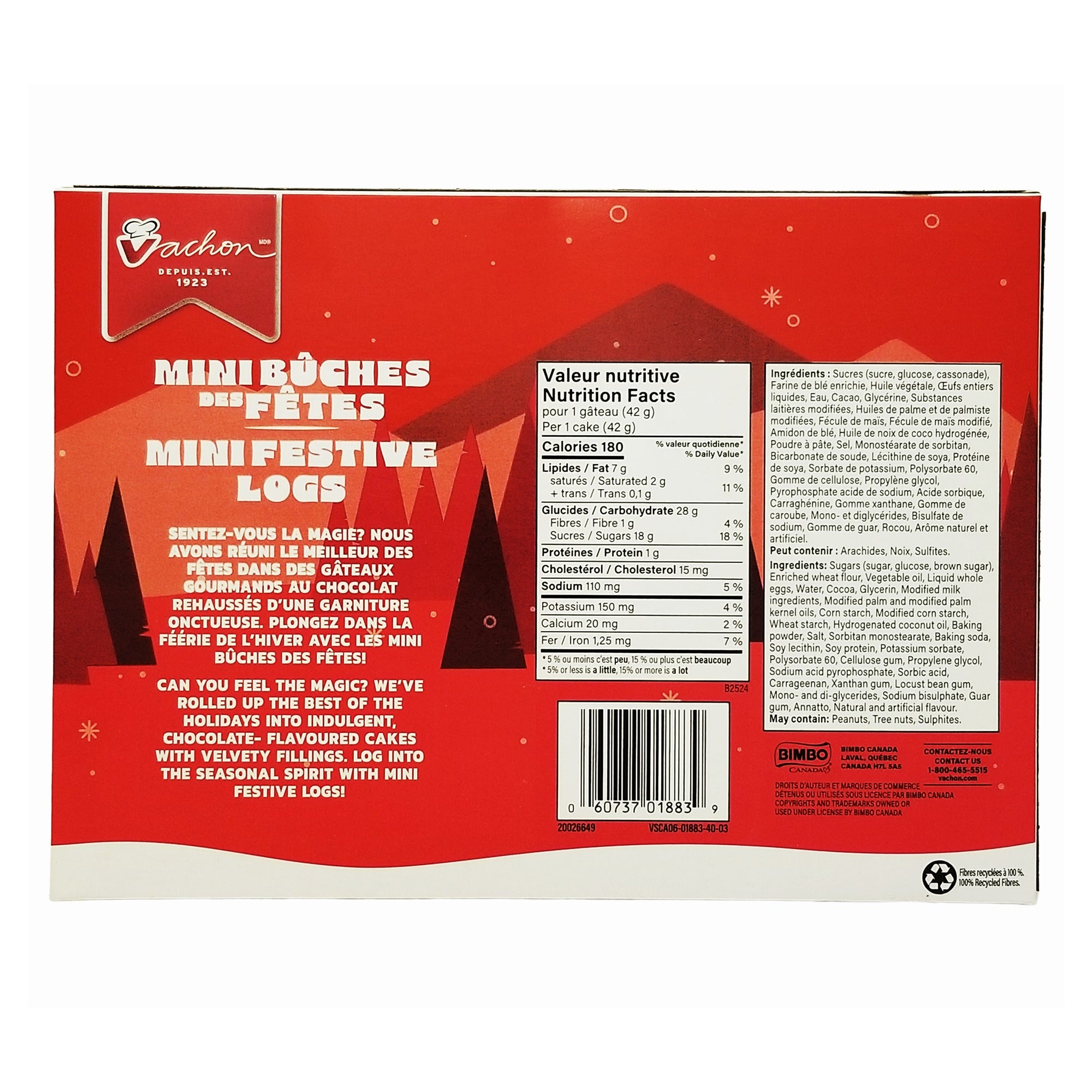 Vachon Chocolate Mini Festive Logs, Sponge Snack Cakes - 250g/8.8 oz