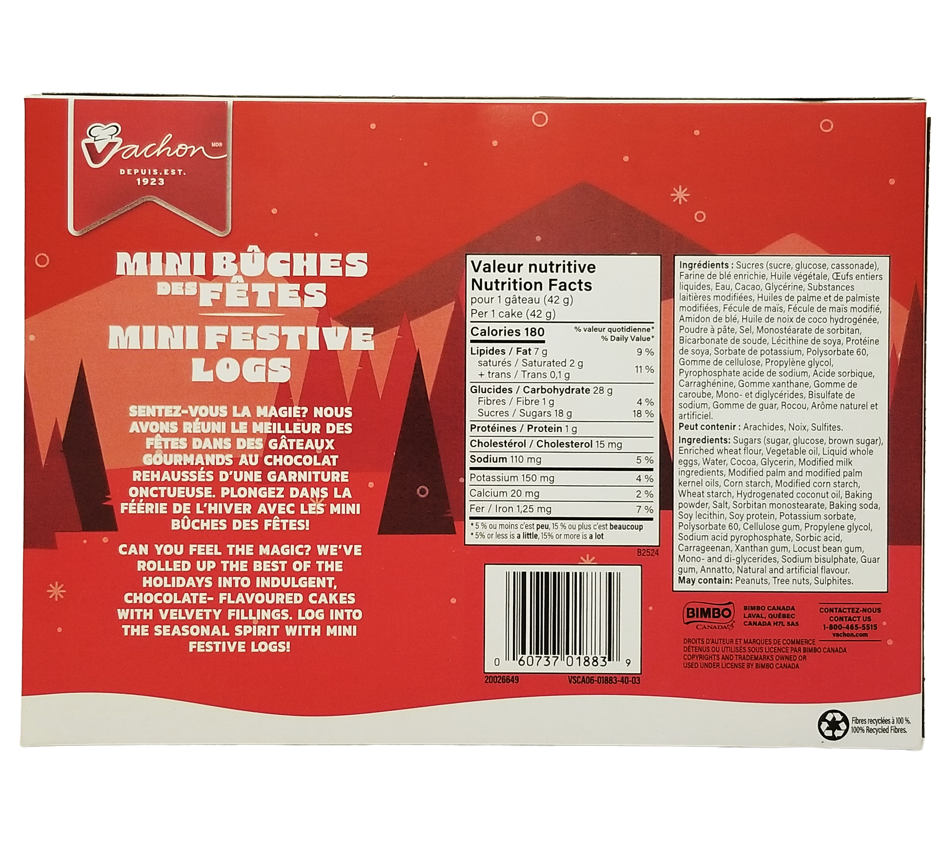 Back of a packaging for Vachon festive logs - 250g with nutritional information and ingredients listed.