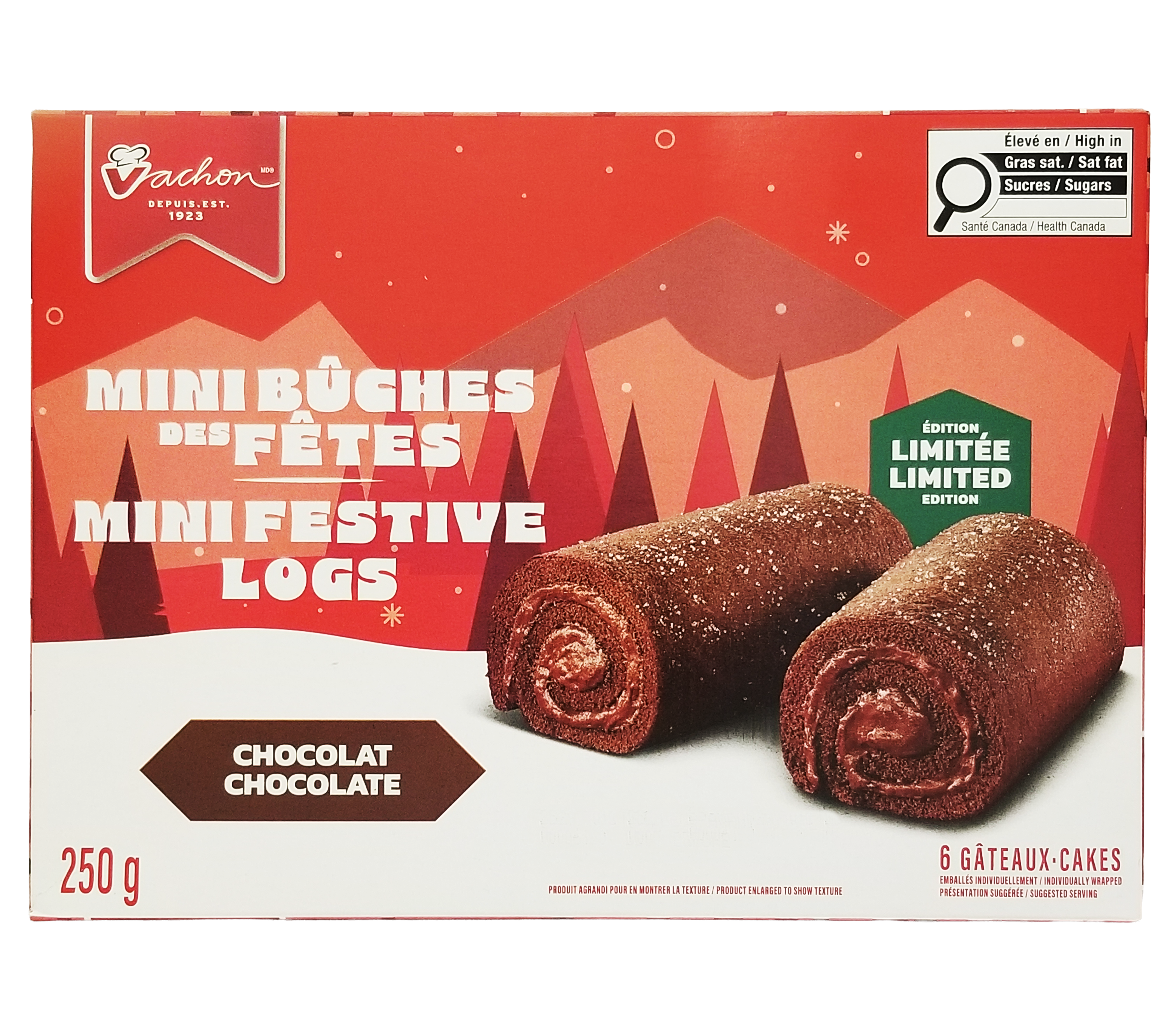 Box of Vachon chocolate festive logs - 250g with red and white design