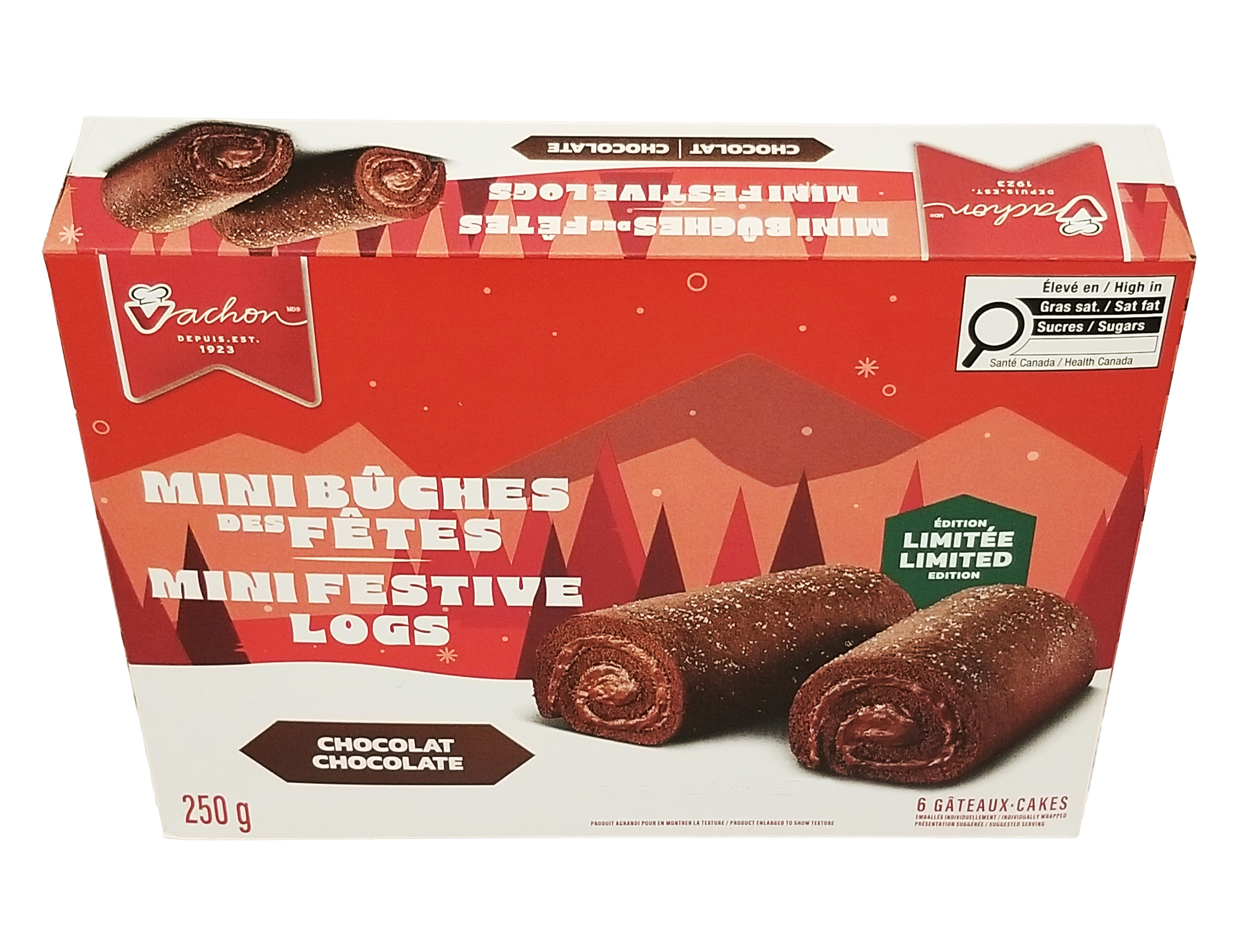 Box of Vachon chocolate minibèches de fêtes - 250g with mountain design on packaging