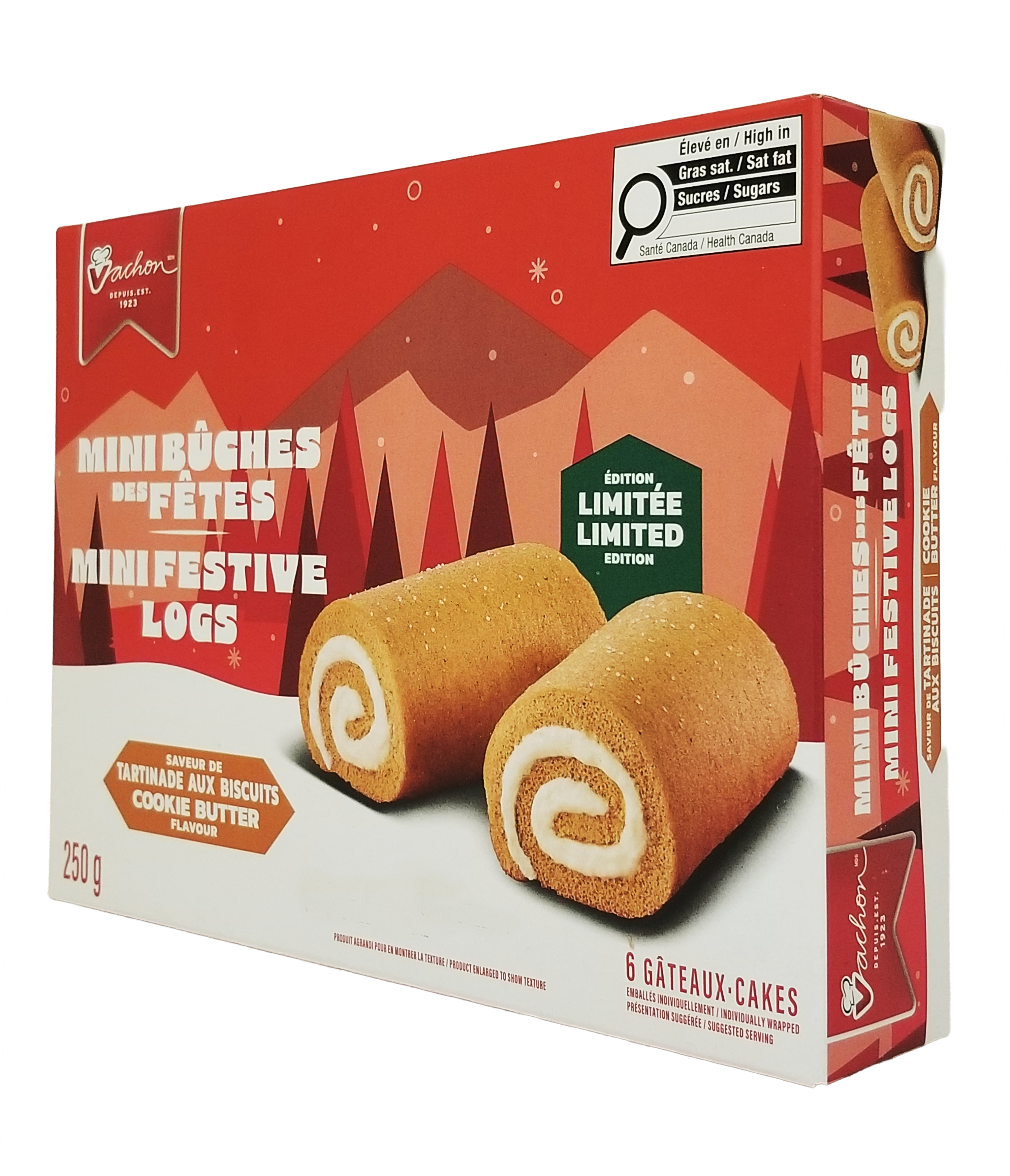 Box of Vachon Mini Festive Logs - 250g with festive design and limited edition label.