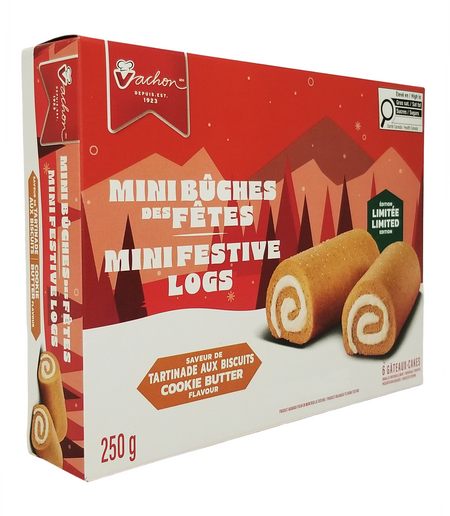 Box of Vachon Mini Festive Logs - 250g with a red and white design