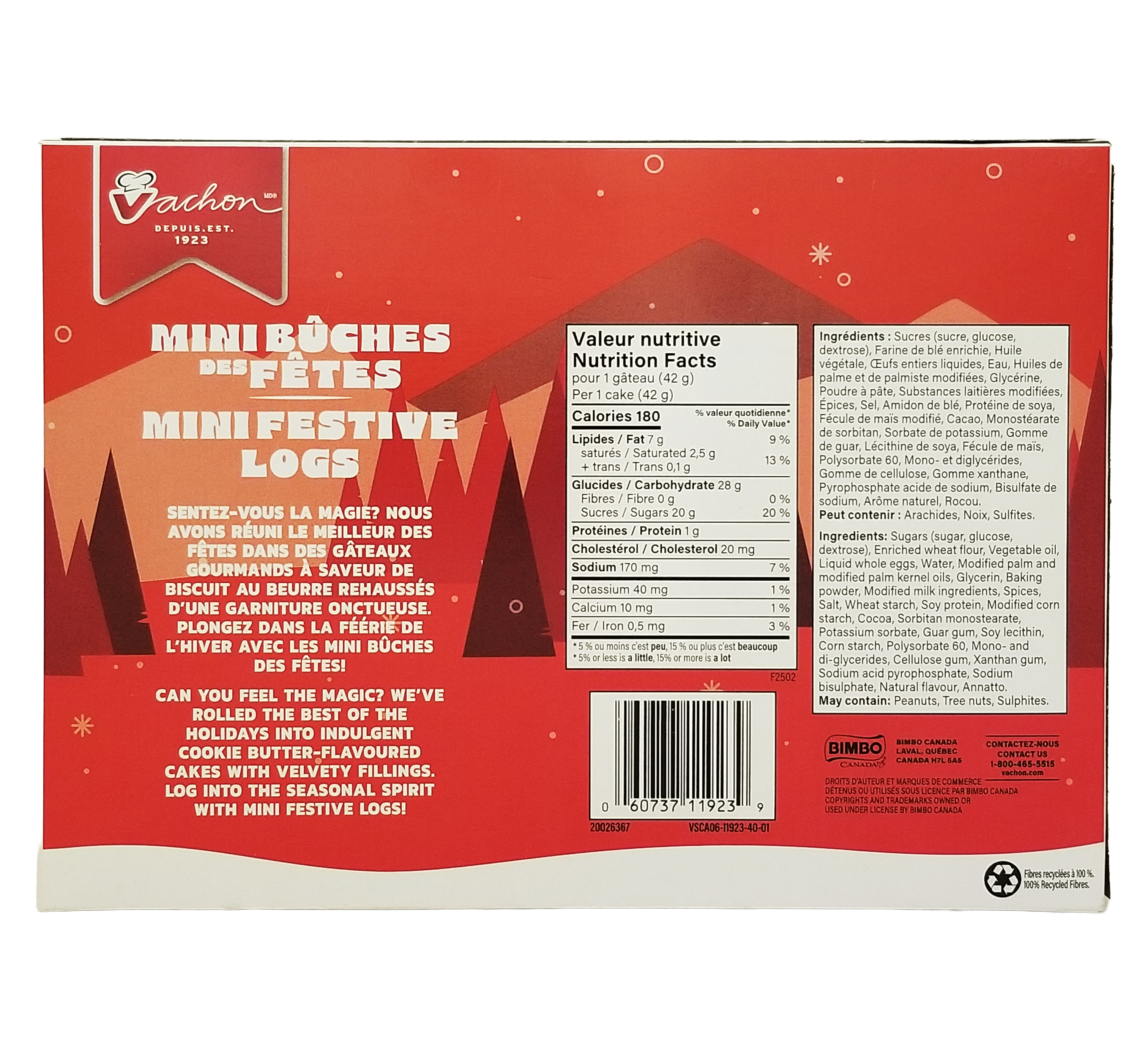 Back of a red Vachon Cookie Butter Festive Mini Logs packaging box - 250g with festive design and text, featuring nutrition facts and ingredients.